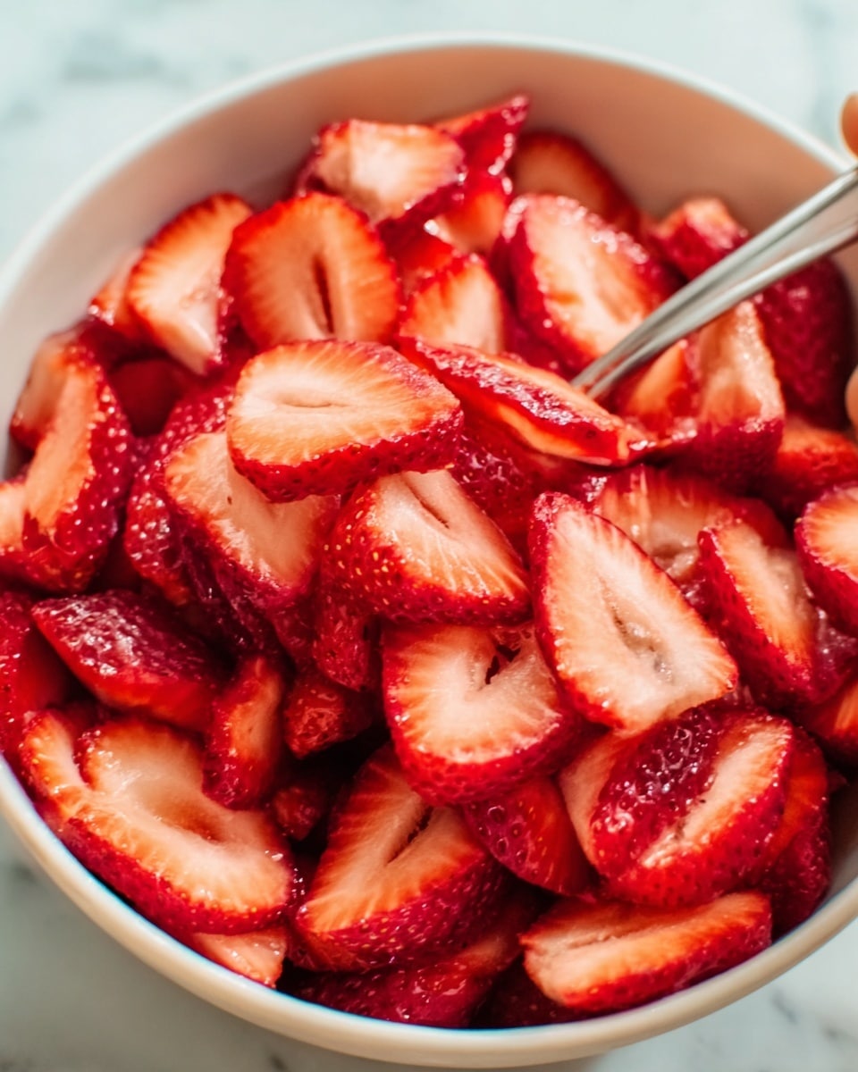 This image shows a bowl filled with many thin slices of fresh strawberries. The strawberries are bright red with a juicy and slightly shiny texture, stacked evenly to cover the whole bowl. Each slice shows the lighter red inside with small seeds on the outer edge. The white bowl is full, and it sits on a white marbled surface. A woman's hand holding a silver spoon is visible on the right side, ready to scoop some strawberries. The whole scene is clear and bright with natural light. photo taken with an iphone --ar 4:5 --v 7