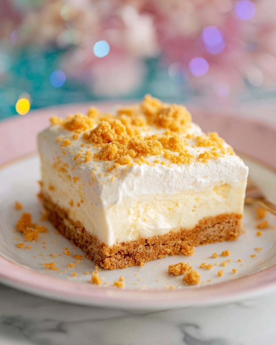 The image shows a square slice of dessert on a white plate with a pink edge. The dessert has three layers: a thick, light brown crumbly crust layer at the bottom, a middle creamy white layer with a smooth texture, and a fluffy white top layer sprinkled with small golden brown crumbs. Some crumbs have fallen on the plate around the dessert. The background has a soft white marbled texture with blurred colorful lights. Photo taken with an iphone --ar 4:5 --v 7