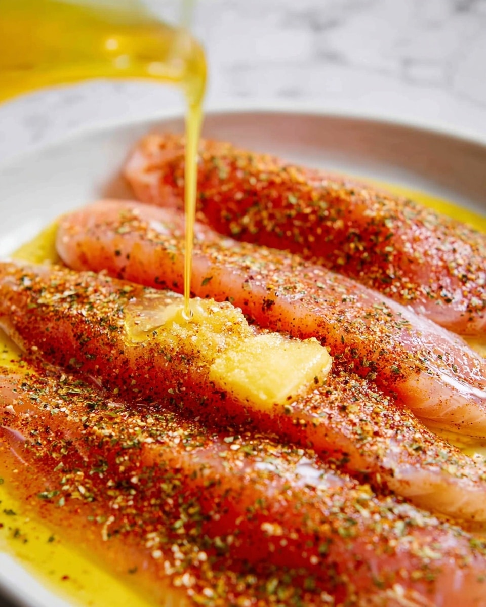 The image shows three pieces of raw fish fillets laid side by side on a white plate, each seasoned evenly with red spices and dried green herbs. On the top of the middle fillet, there is a visible chunk of golden butter. A thick yellow liquid is being poured over the butter from above, creating a smooth flowing stream. The fish has a soft pink color, with the red and green spices giving a textured look on top. The background surface is a white marbled texture. photo taken with an iphone --ar 4:5 --v 7