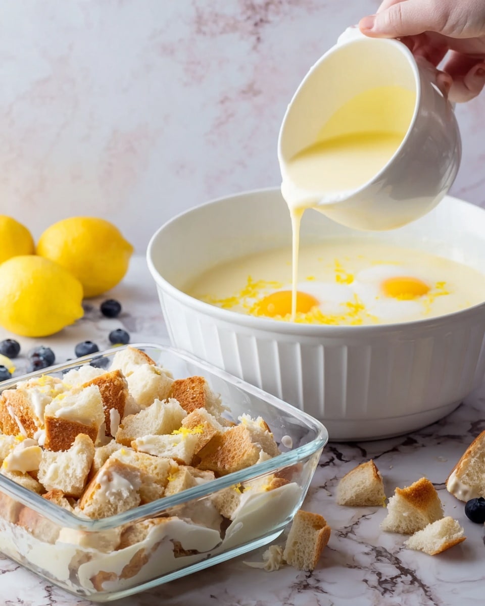 A woman's hand is pouring a yellow liquid from a small white bowl into a large white bowl that contains a creamy white mixture with two egg yolks and some yellow zest on top. Next to it, there is a glass square dish filled with torn pieces of light brown and white bread with a white creamy liquid being poured over the bread from a white bowl. The background is a white marbled texture with a lemon and some blueberries nearby. photo taken with an iphone --ar 4:5 --v 7
