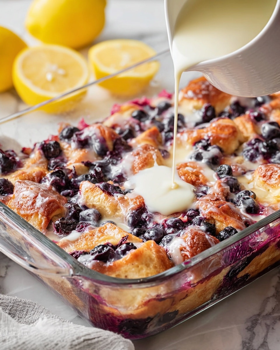 A glass baking dish filled with a layered dessert featuring golden-brown baked dough pieces and dark purple blueberries scattered throughout. The surface has a glossy look from the baked fruit juices and dough. A creamy white sauce is being poured from a white cup onto the top right area of the dish, creating a smooth flow over the blueberries and dough. In the background, there are some sliced yellow lemons, all set on a white marbled surface with soft natural lighting. photo taken with an iphone --ar 4:5 --v 7