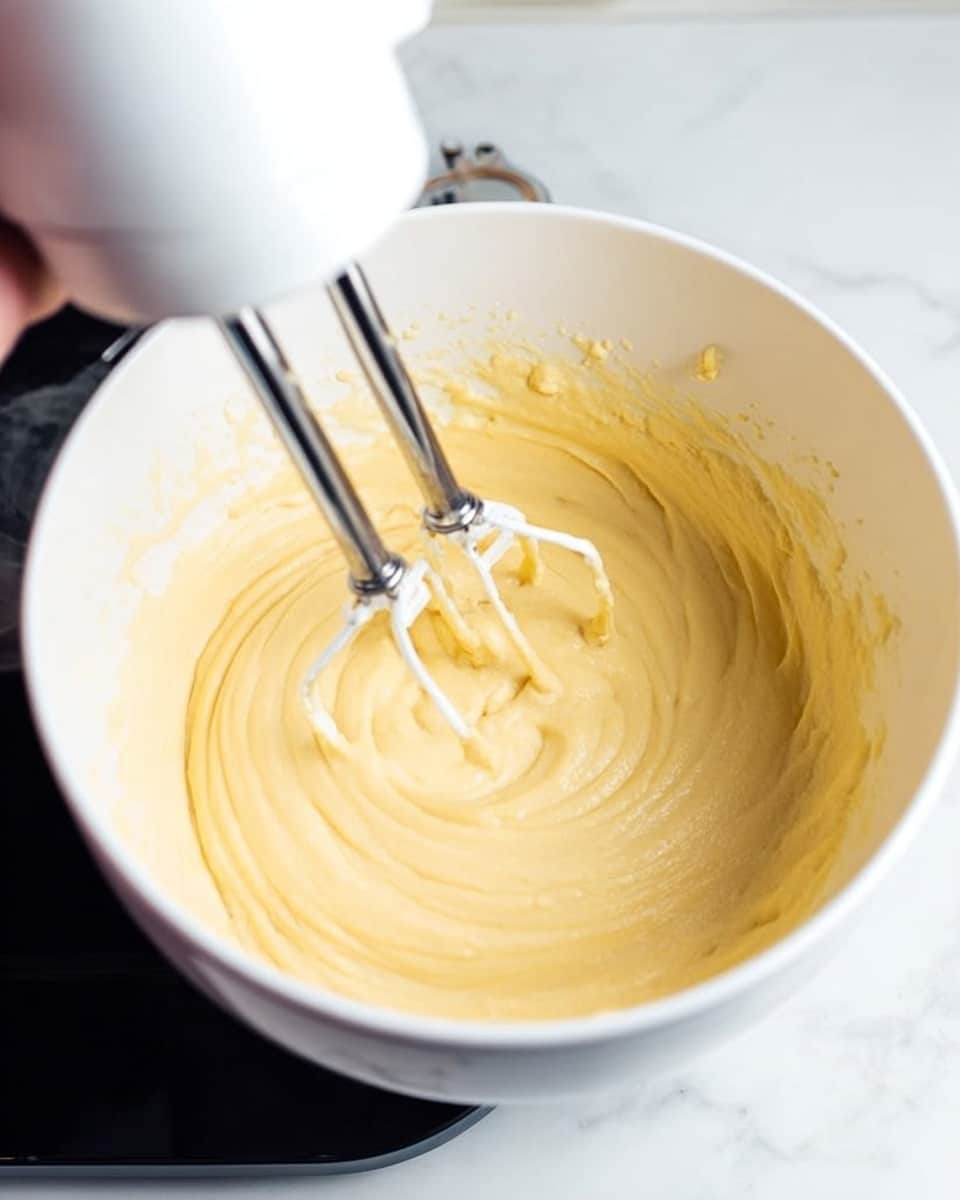 A white bowl filled with smooth pale yellow batter is being mixed by a hand mixer with two metal beaters spinning fast in the center, creating light swirls on the batter’s surface. The bowl sits on a black surface, and a woman's hand is holding the mixer from the side. The bowl has some batter splattered inside near the top edges. The background is a white marbled texture. photo taken with an iphone --ar 4:5 --v 7