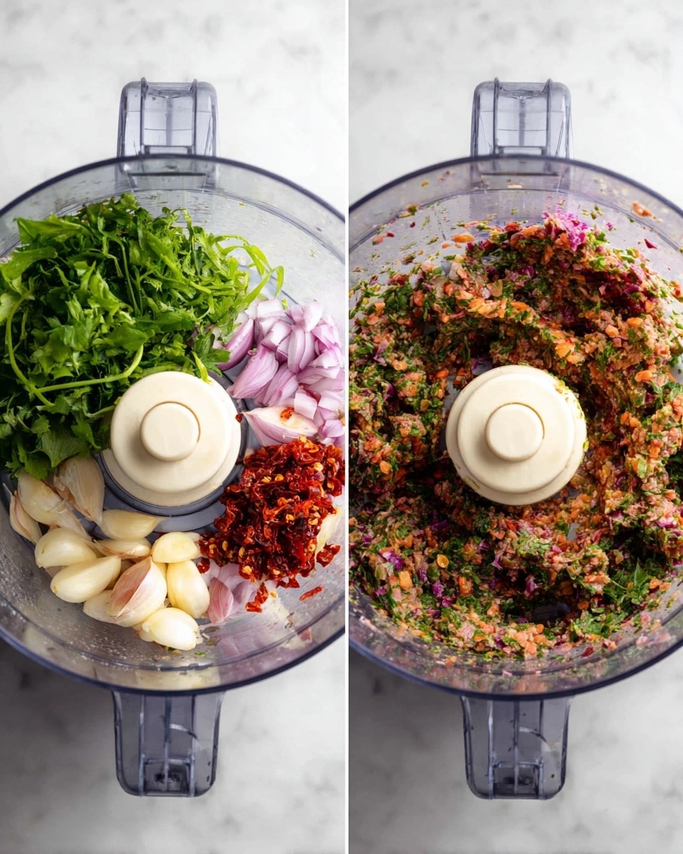 The image shows two clear food processor bowls placed on a white marbled surface. The bowl on the left contains whole ingredients before mixing: bright green leafy herbs on the right side, several pale purple shallots in the middle, cloves of white garlic, and small piles of dried red chilies on the left. The bowl on the right shows the same ingredients after being finely chopped and mixed into a colorful, textured blend of green, red, purple, and white bits along the sides of the bowl with some bits left on the bottom. Photo taken with an iphone --ar 4:5 --v 7