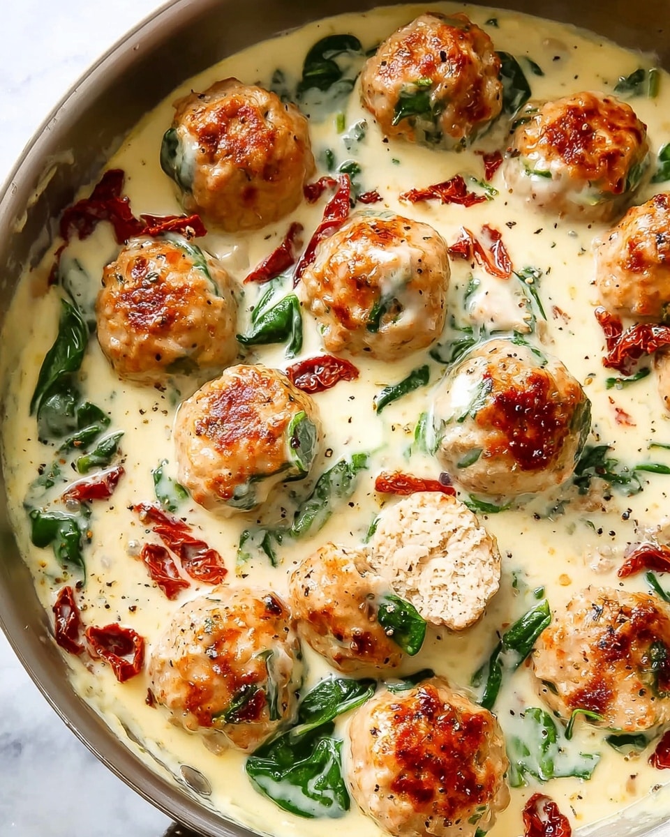 The image shows a pan full of golden brown meatballs in a creamy white sauce. The meatballs are round, browned on the outside, and are covered in a smooth, thick cream sauce dotted with fresh green spinach leaves and small pieces of red sun-dried tomatoes. One meatball is sliced in half, revealing a light pink inside. The sauce looks rich, with some black pepper sprinkled on top, adding a touch of texture. The pan is silver and sits on a white marbled surface. Photo taken with an iphone --ar 4:5 --v 7