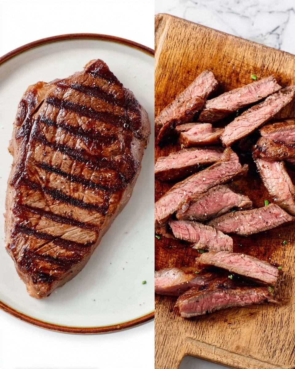 The image shows two parts: on the left side, there is a single grilled steak with dark brown grill lines and a slightly charred surface, resting on a white plate with a thin brown rim; the steak has a rich, cooked brown color with some visible seasoning. On the right side, the steak is sliced into thin strips arranged in a loose pile on a wooden cutting board, showing a pinkish interior with browned edges from grilling. The wooden board has a textured, rustic look with some darkened spots from the grilled meat. The background surface is a white marbled texture. Photo taken with an iphone --ar 4:5 --v 7