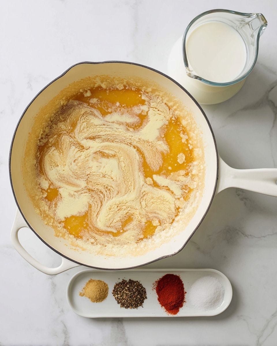 A large white pan sits on a white marbled surface, with a golden-brown melted butter layer spread unevenly inside the pan, showing some light and dark creamy textures. To the top right of the pan is a clear glass measuring cup filled with white milk. To the left of the pan is a small white dish holding four piles of spices: black pepper, light yellow powder, red chili powder, and white granulated salt. The scene is bright and clean with soft shadows. Photo taken with an iphone --ar 4:5 --v 7