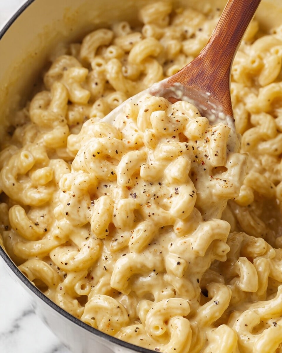 The close-up image shows creamy macaroni pasta in a white pot with a wooden spoon lifting a scoop of the pasta. The macaroni is covered in a smooth, rich, light yellow sauce with visible specks of black pepper spread evenly over the surface. The pasta pieces are small, curved tubes, coated thickly with the sauce, creating a soft and creamy texture. The background is a white marbled surface. photo taken with an iphone --ar 4:5 --v 7
