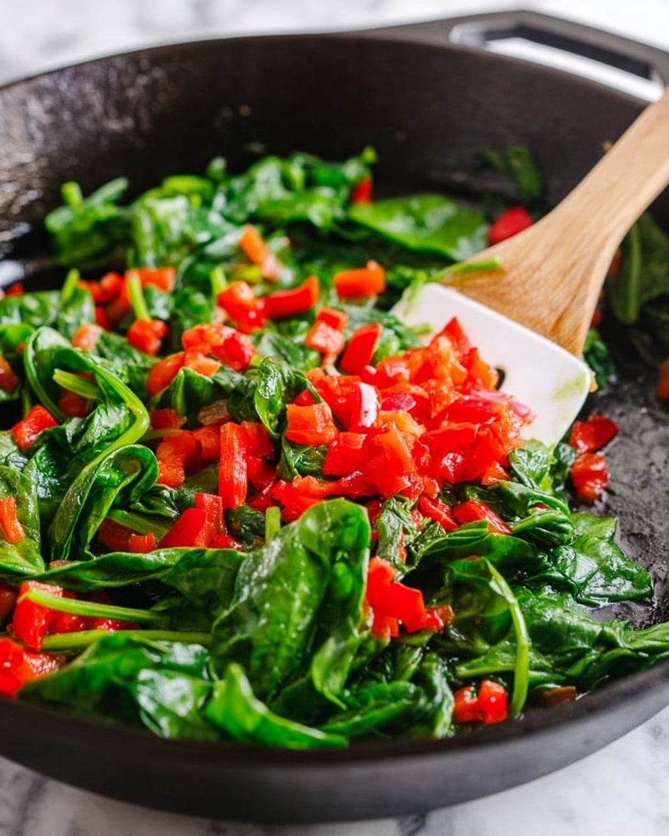 A close-up view of a black cast iron pan showing fresh green spinach leaves and bright red diced bell peppers being stirred with a white spatula positioned on the right side. The spinach leaves appear shiny and soft, layered underneath and mixed with the red pepper pieces, which are small and vibrant. The pan sits on a white marbled surface, giving a clean and fresh look to the scene. photo taken with an iphone --ar 4:5 --v 7