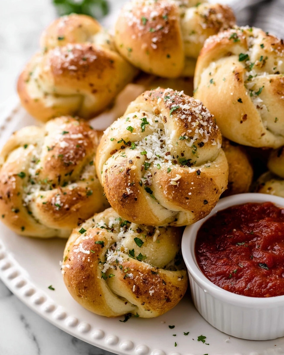 The image shows a close-up of several golden brown garlic knots sitting on a white plate with a beaded edge, arranged closely together. Each knot has a slightly shiny, smooth surface dotted with small bits of herbs and is sprinkled with grated Parmesan cheese and finely chopped green parsley. The knots have a soft, twisted shape with slightly darker browned spots where the dough is thicker. On the right side of the plate, there is a small white bowl filled with chunky red marinara sauce garnished with some more parsley. The scene is set on a white marbled surface, giving it a clean and bright look photo taken with an iphone --ar 4:5 --v 7