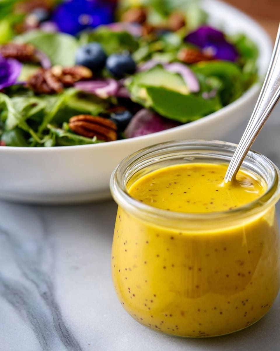 A close-up view of a small clear glass jar filled with bright yellow mustard sauce, speckled with mustard seeds and smooth in texture, with a silver spoon resting inside on the right side. In the blurred background, a white bowl holds a colorful mixed salad with green leaves, blueberries, sliced cucumbers, purple edible flowers, and pecans, placed on a white marbled surface. photo taken with an iphone --ar 4:5 --v 7