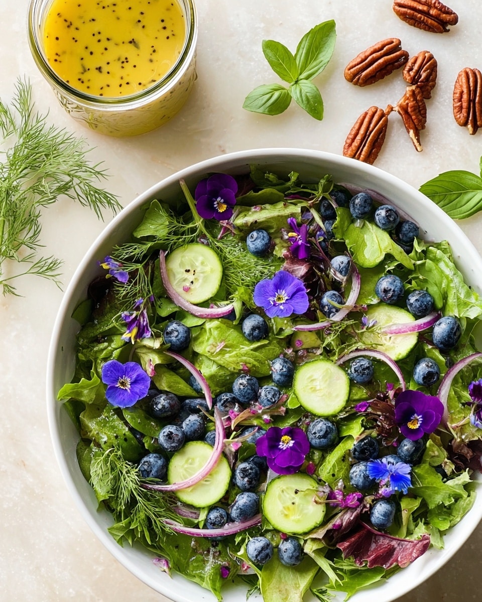 A fresh salad served in a white bowl on a white marbled surface, filled with a mix of green leafy herbs and lettuce as the base layer, dotted with dark blue blueberries scattered evenly across. Thin, vibrant green cucumber slices are placed on top along with thin slices of purple-red onions. Bright purple edible flowers are spread throughout the salad, adding pops of color. Small sprigs of delicate green dill and fresh basil leaves are interspersed for texture and visual interest. To the top left side of the bowl, there is a glass jar of golden yellow dressing with specks of mustard seeds, and a few glazed pecans lie nearby on the white marbled surface. photo taken with an iphone --ar 4:5 --v 7