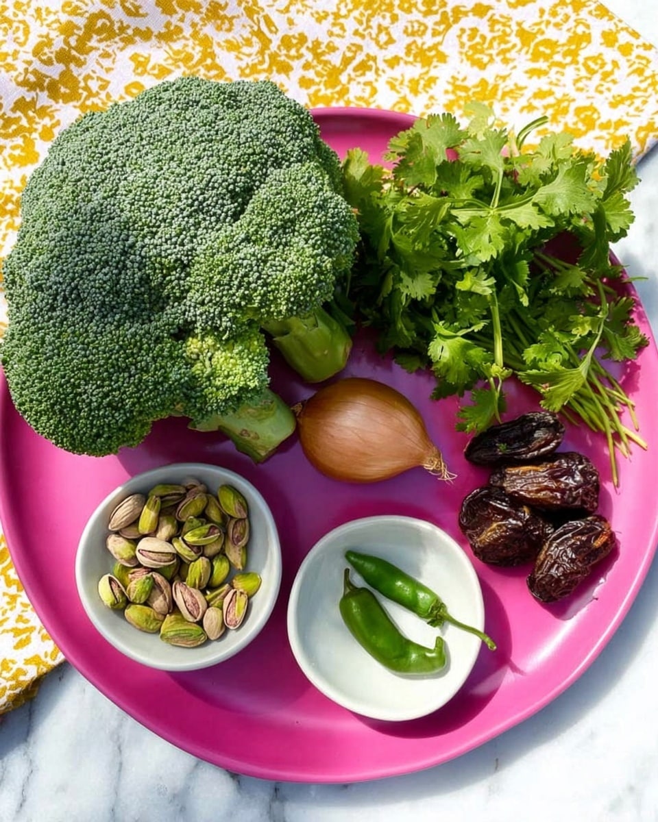 A bright pink plate holds a large green broccoli head on the left, a bunch of fresh green cilantro on the right, a small green chili pepper at the bottom center, and a light brown shallot near the broccoli and cilantro. On the white marbled surface near the plate, two small white bowls are placed; the left bowl is filled with pale green pistachios, and the right bowl contains dark brown dates. The background is a white and yellow patterned cloth. photo taken with an iphone --ar 4:5 --v 7