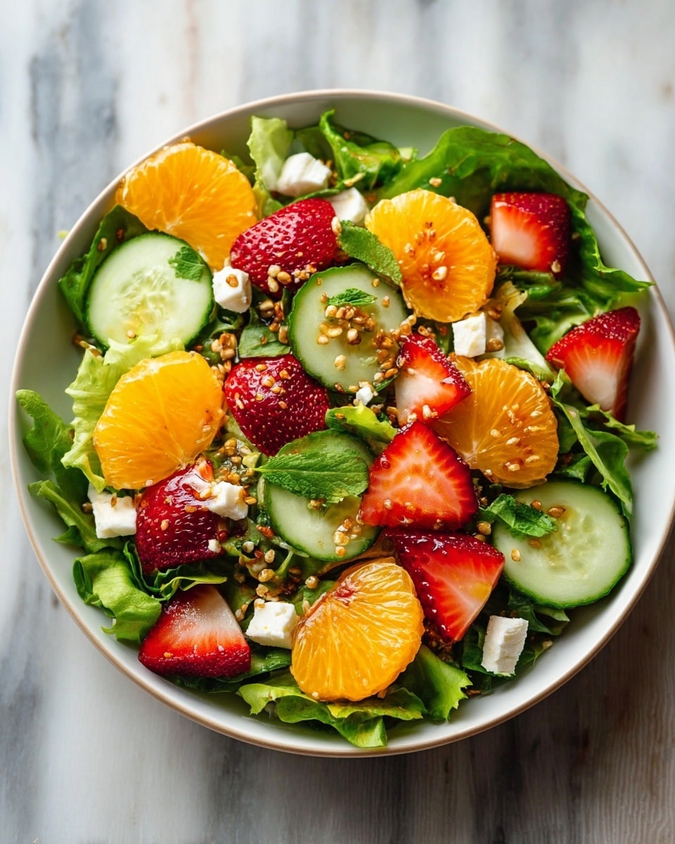 A fresh salad in a white bowl is placed on a white marbled surface. The bottom layer is made of green leafy lettuce, which covers the whole bowl. On top, there are round slices of bright orange mandarin, red strawberry halves showing their seeds, and green cucumber slices with a light center. Small chunks of white cheese are scattered evenly across the salad. Golden brown grains are sprinkled over everything, adding a crunchy look. The whole dish looks colorful, fresh, and healthy. photo taken with an iphone --ar 4:5 --v 7