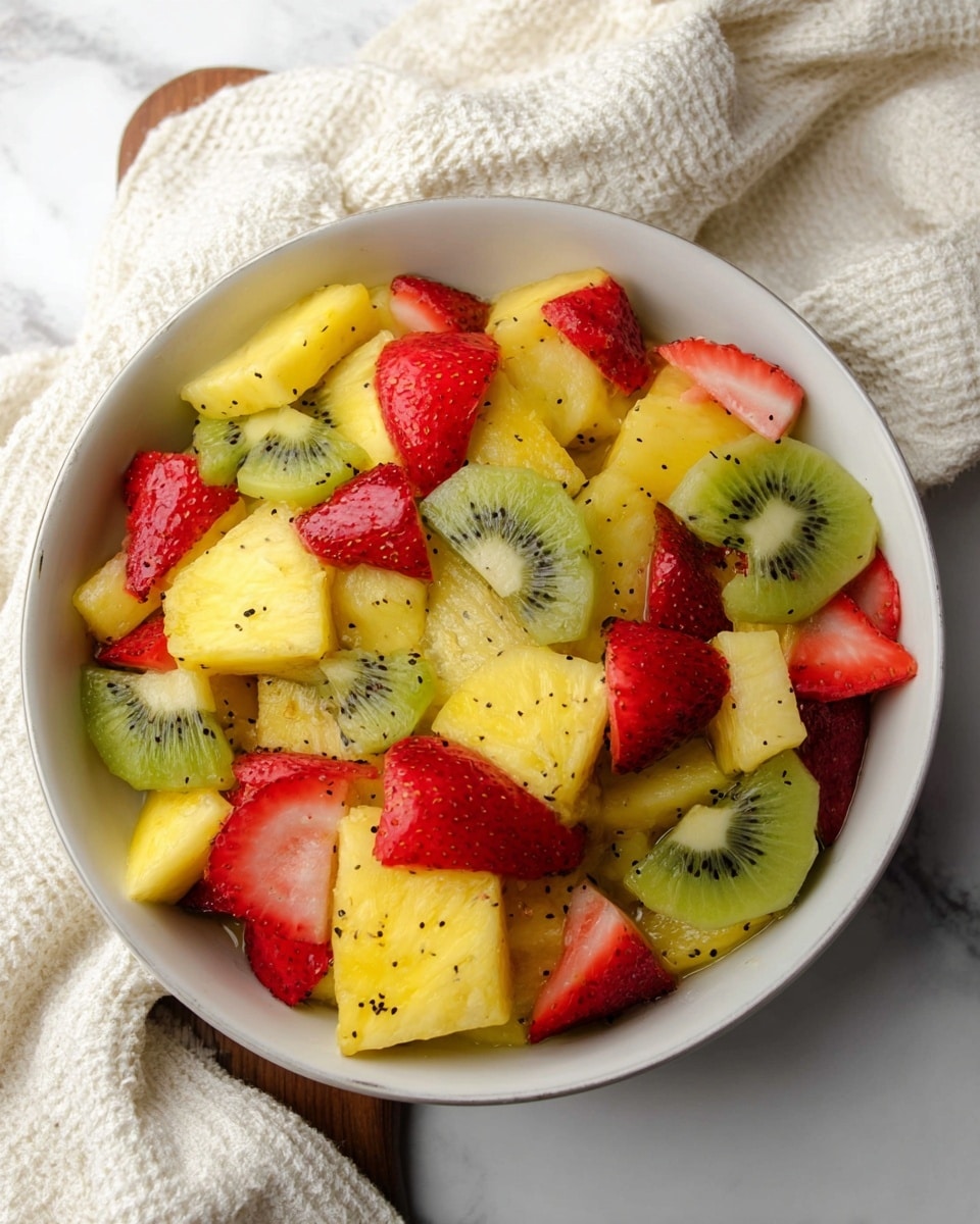 A white bowl filled with a colorful mix of fruit pieces sits on a white marbled surface. The bowl contains three layers of fruit: bright yellow pineapple chunks with a juicy texture, green kiwi slices showing black seeds in a pattern, and red strawberry pieces with a smooth, glossy look. The fruits are mixed evenly, with the pineapple pieces being the largest, the kiwi slices medium-sized, and the strawberries cut into smaller halves or quarters. Light black specks, likely seeds, are sprinkled across the fruit. A cream-colored textured cloth is casually placed in the background. Photo taken with an iphone --ar 4:5 --v 7