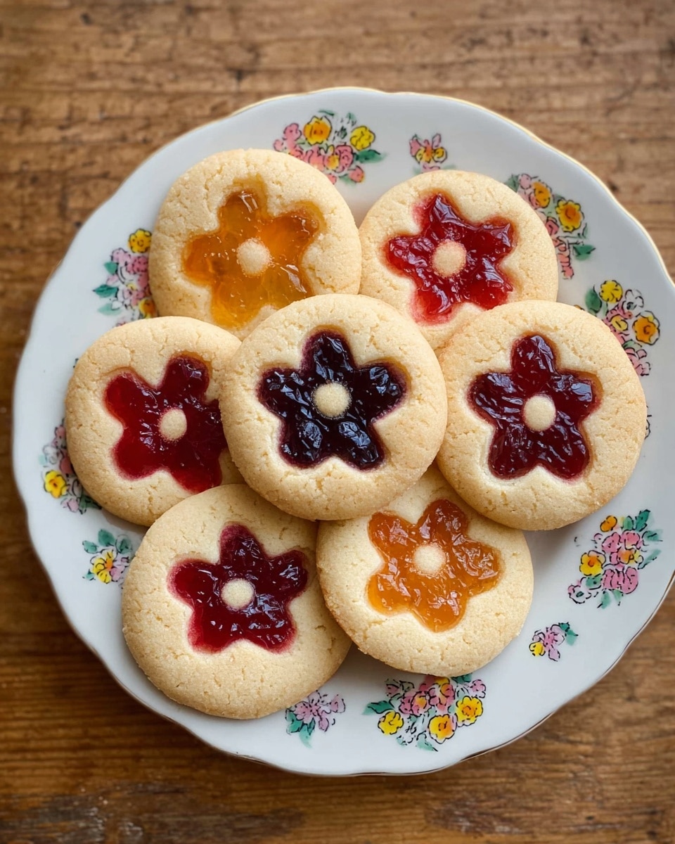 A white plate with a colorful floral pattern holds eight round cookies arranged in a close group. Each cookie is light golden in color with a soft texture and features a flower design with four thick petals of translucent jam—red, dark purple, or orange—and a small round center of plain dough. The cookies are placed on a wooden surface. photo taken with an iphone --ar 4:5 --v 7