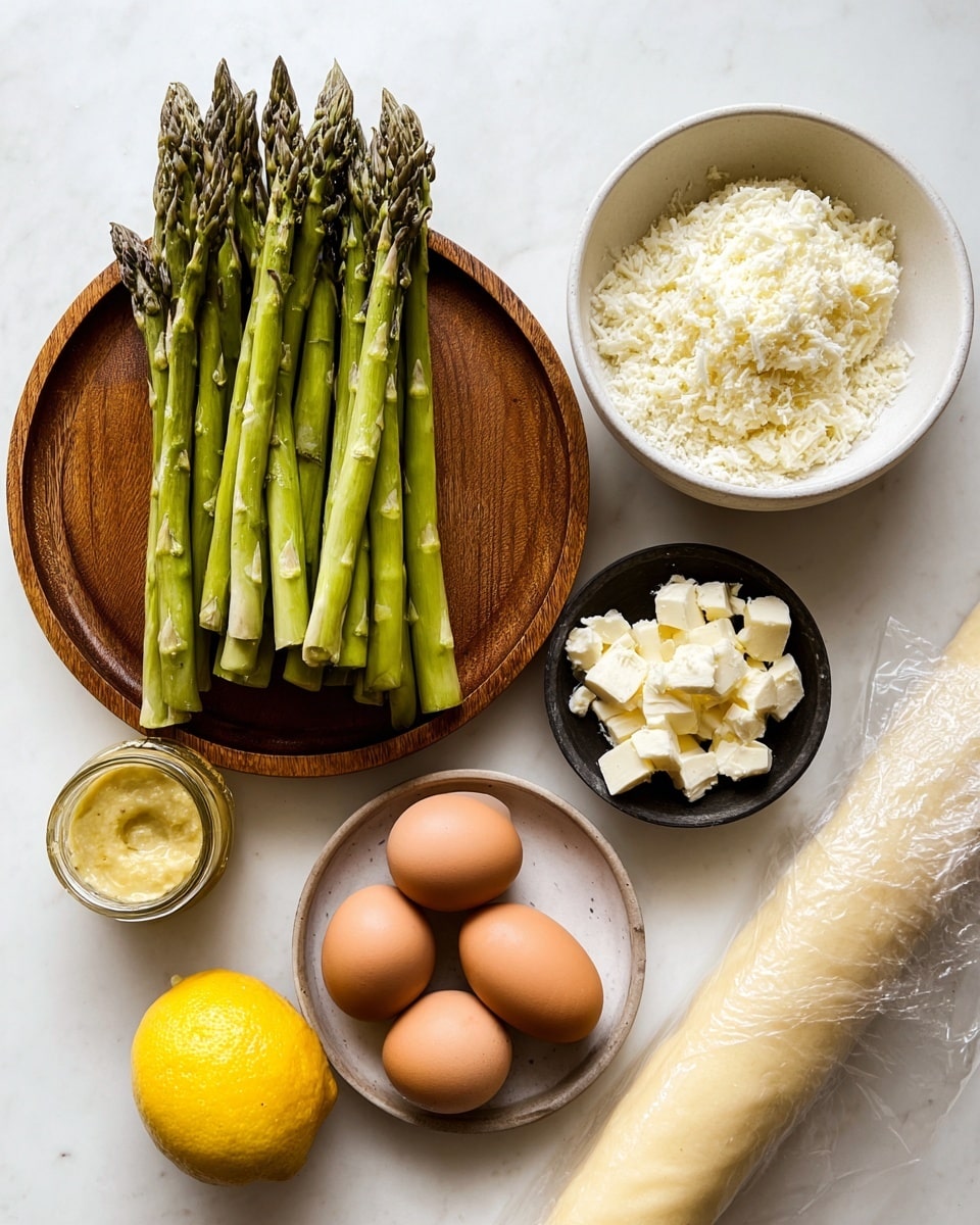 A group of ingredients arranged on a white marbled surface, including a round wooden plate full of fresh green asparagus standing upright on the left side, a white bowl filled with small white cheese shavings at the top right, a small black bowl with chunks of white cheese below it, a jar of mustard with light yellow spread next to the cheese bowls, a plate with four brown eggs just below the mustard, a whole bright yellow lemon at the bottom left, and a roll of pale yellow pastry dough wrapped in plastic on the right side; everything is lit clearly with soft light, showing natural colors and textures photo taken with an iphone --ar 4:5 --v 7