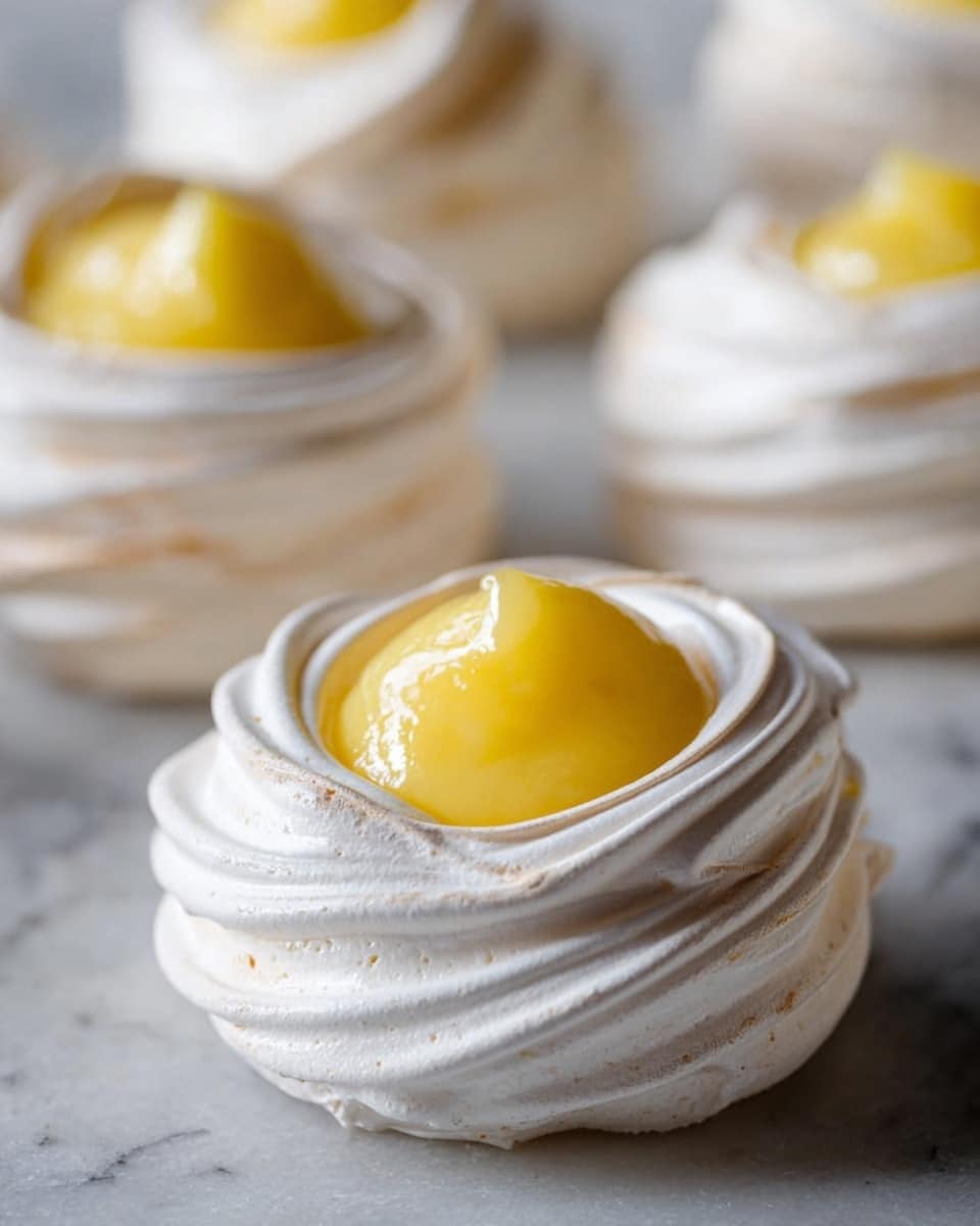 The image shows several white meringue nests with a swirled texture and a slightly crisp, airy look. Each nest has a hollow center filled with a smooth, glossy yellow lemon curd that looks shiny and thick. The nests are placed on a white marbled surface, and the focus is on the front meringue, with others softly blurred in the back. The light softly highlights the meringue’s ridges and the creamy lemon center, giving a fresh and light feel. Photo taken with an iphone --ar 4:5 --v 7