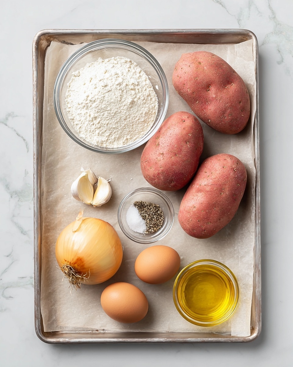 This image shows a baking tray lined with parchment paper placed on a white marbled surface. On the tray, there are three medium-sized red potatoes with smooth skin positioned at the top right. To the left of the potatoes is a small clear glass bowl filled with white flour. Below the flour bowl is a single clove of garlic with a shiny light brown skin. In the center of the tray is a small glass bowl with black pepper. At the bottom left corner is a yellow onion with its dry outer skin intact. Next to the onion, there are two brown eggs side by side. At the bottom right, a small glass bowl holds white salt, and next to it on the right side is a small clear glass cup filled with golden yellow oil. The whole setup is neat and arranged for ingredient preparation. photo taken with an iphone --ar 4:5 --v 7