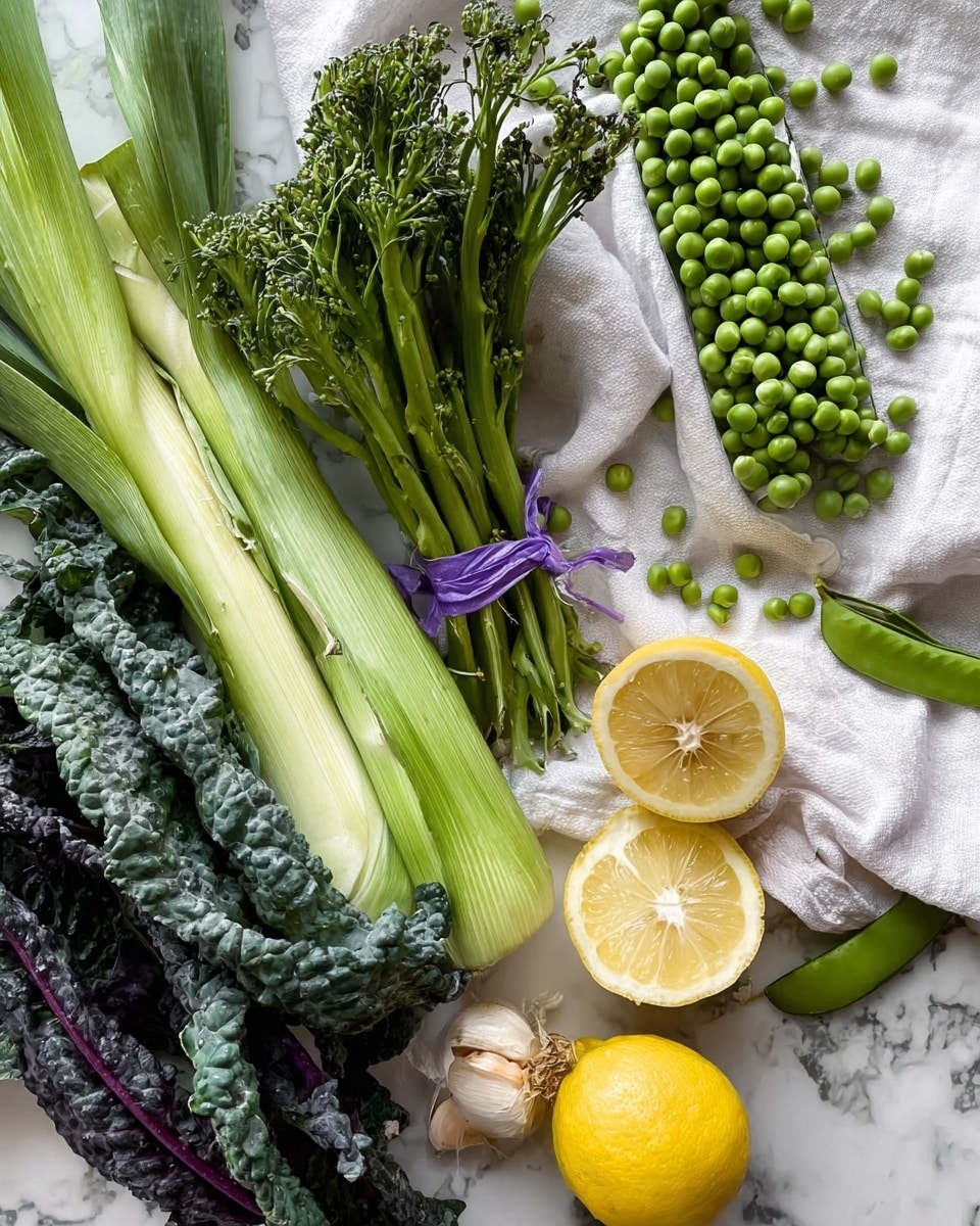 The image shows a collection of fresh vegetables and a lemon arranged on a white marbled surface with a white cloth underneath some of the items. There is a loaf of green peas on the white cloth, some spilling out in small round shapes. Next to the peas is a bunch of broccolini tied with a purple band, showing long green stems and small green florets on top. Below the broccolini, dark leafy kale rests loosely. On the left side lies a fresh leek with its light green to darker green stalks placed diagonally. Near the center, a small garlic bulb sits next to two halves of a bright yellow lemon, exposing the juicy, textured inside. The layout is casual, with fresh textures and vibrant green and yellow colors. photo taken with an iphone --ar 4:5 --v 7