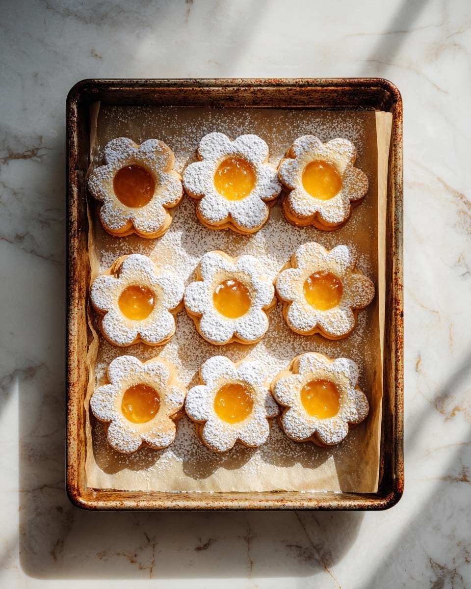 A rusted metal baking tray holds nine flower-shaped cookies arranged in three columns and three rows on parchment paper. Each cookie has two layers: the bottom layer is a pale golden beige, and the top layer is the same shape but with a round hole in the center, revealing a bright orange-yellow jam filling. The cookies are lightly dusted with white powdered sugar, which is also scattered on the parchment paper, creating soft shadows on the slightly worn tray. The tray sits on a white marbled surface with a soft light casting gentle shadows. Photo taken with an iphone --ar 4:5 --v 7