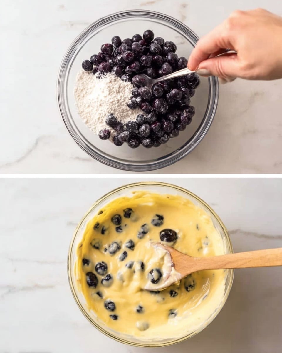 In the first part of the image, a woman's hand is holding a spoon inside a clear glass bowl filled with dark purple blueberries and a small pile of white flour on top, all set on a white marbled surface. In the second part, the same clear glass bowl now contains a creamy yellow batter with dark blueberries mixed evenly throughout, and a wooden spoon resting inside the bowl on the white marbled surface. photo taken with an iphone --ar 4:5 --v 7