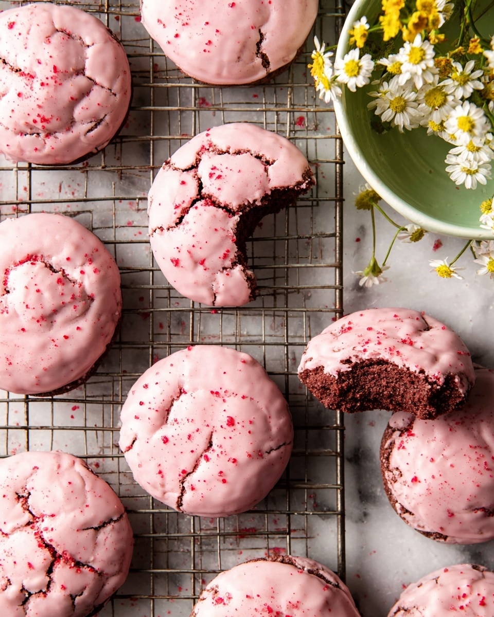 Several round, pink-glazed cookies with cracked tops are arranged on a cooling rack over a white marbled surface. The cookies have a smooth, shiny light pink frosting layer that covers their slightly rough and cracked chocolate base. Some cookies are whole, showing the full round shape with specks of red sprinkled on top, while others are broken into halves, revealing the soft texture beneath the frosting. To the right, there is a white bowl with small yellow and white flowers sitting on a white marbled surface. The overall image gives a fresh, inviting look. photo taken with an iphone --ar 4:5 --v 7