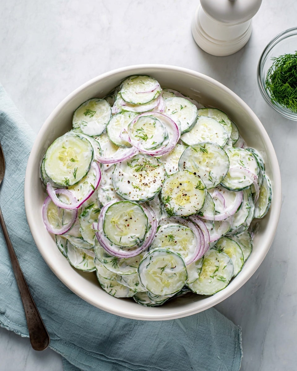 A white bowl filled with a creamy cucumber salad showing thin, round slices of light green cucumber layered closely together. Among the cucumber slices, there are thin purple onion slices spread evenly throughout the salad. The creamy dressing coats the vegetables with a white, slightly textured layer that has small green herb pieces visible. On top, there is a light sprinkle of black pepper and small bits of fresh green dill. The bowl is placed on a white marbled surface, next to a white pepper grinder and a small glass bowl with more fresh dill. A pale blue cloth is partly under the bowl. Photo taken with an iphone --ar 4:5 --v 7