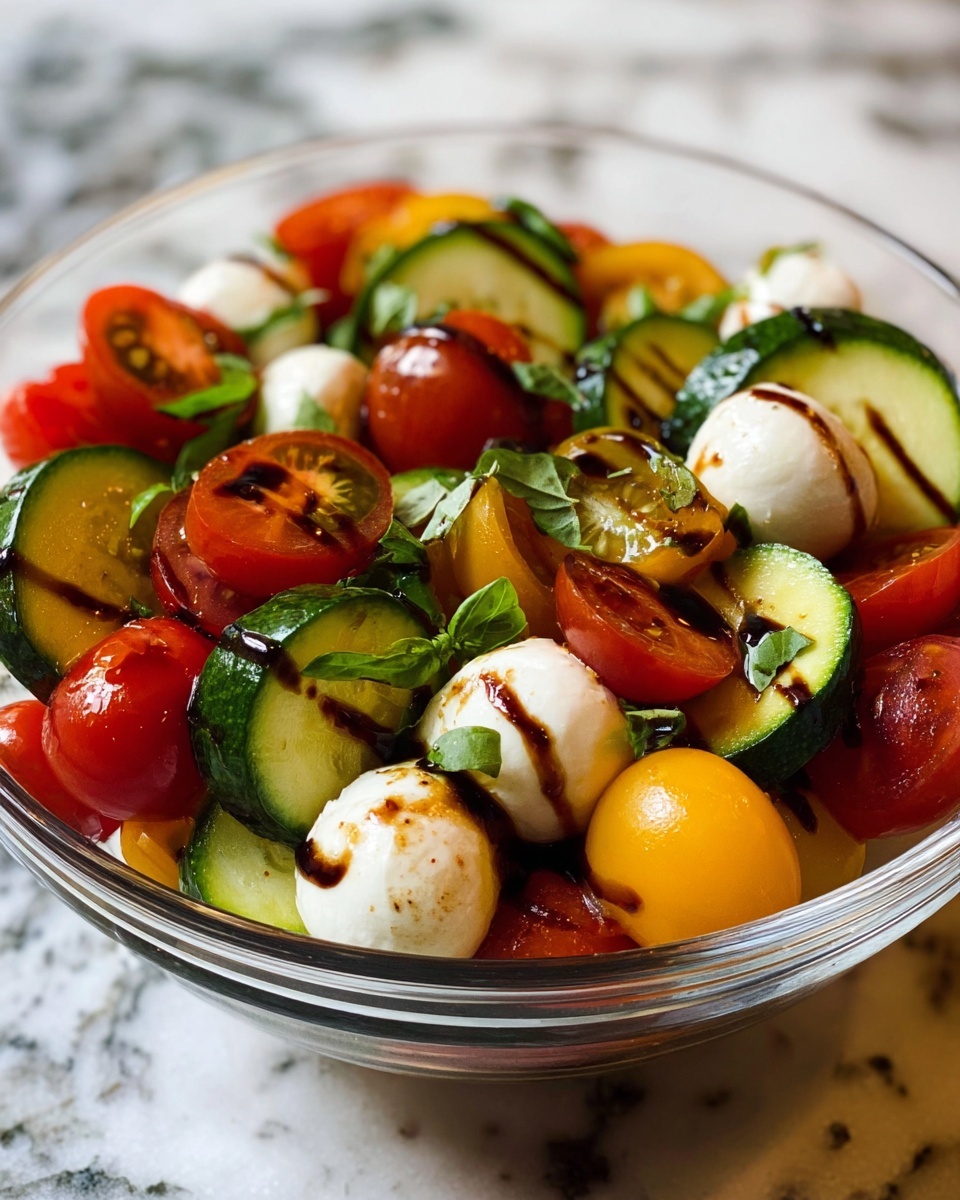 A clear glass bowl filled with a colorful salad sits on a white marbled surface. The salad has bright red and yellow cherry tomatoes, some whole and some sliced to show their juicy inside. There are round slices of green cucumber, with their light inner part and dark green skin visible. Small white mozzarella balls are mixed in, with droplets of dark balsamic glaze drizzled over them and the vegetables. Thin strips of fresh green basil are scattered on top, adding more color and texture. The bowl is simple and clear, letting all the vibrant colors and fresh textures of the salad show through clearly. photo taken with an iphone --ar 4:5 --v 7