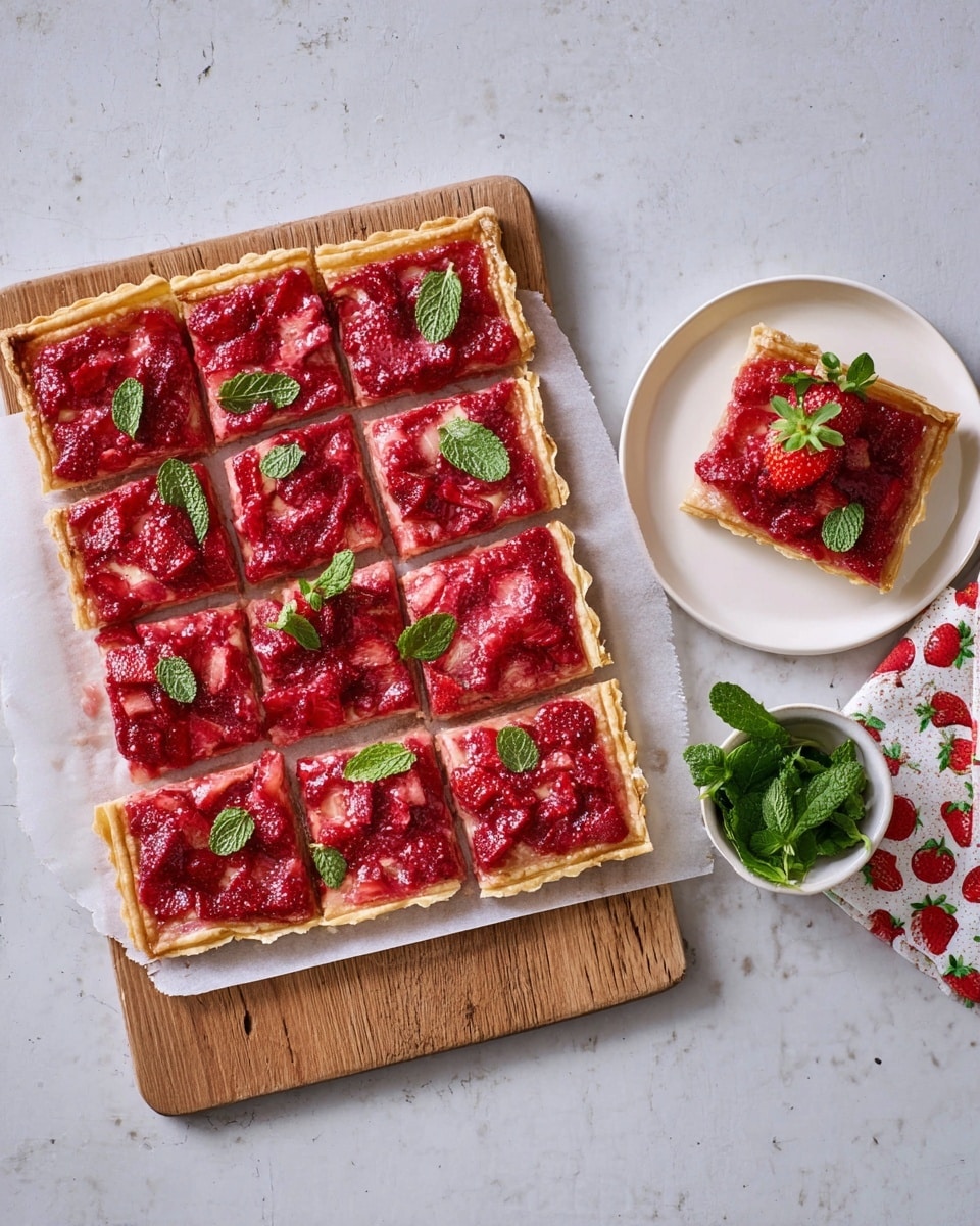 The image shows a rectangular strawberry tart with 12 square pieces on a wooden board lined with parchment paper. The tart has one thin, golden pastry layer as the base with a shiny, bright red strawberry topping spread evenly on top. Fresh green mint leaves are placed on several pieces for decoration. To the right of the tart, there is a small white bowl filled with more fresh mint leaves on a white marbled surface. One piece of the tart is served on a white plate with a red rim next to a strawberry patterned napkin. Photo taken with an iphone --ar 4:5 --v 7