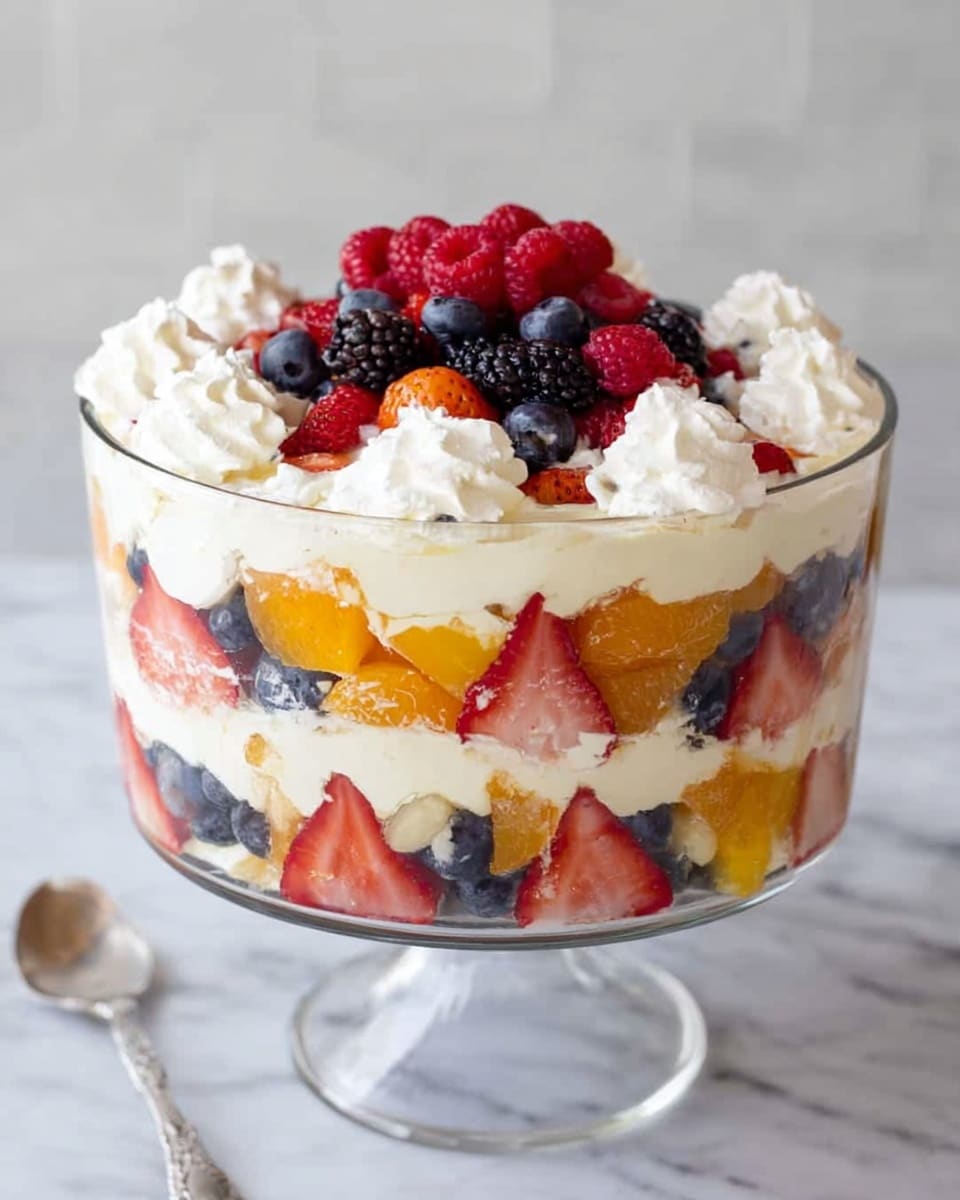A clear glass bowl on a white marbled surface holds a layered fruit trifle dessert. The bottom layer consists of sliced strawberries pressed against the glass, interspersed with blueberries and creamy white custard. Above this is a layer of mixed fruit pieces including orange chunks and grapes, topped with a thicker layer of white cream mixed with more blueberries and strawberries. The top layer is decorated with dollops of whipped cream and a small pile of fresh raspberries, blueberries, blackberries, and sliced strawberries in the center. photo taken with an iphone --ar 4:5 --v 7