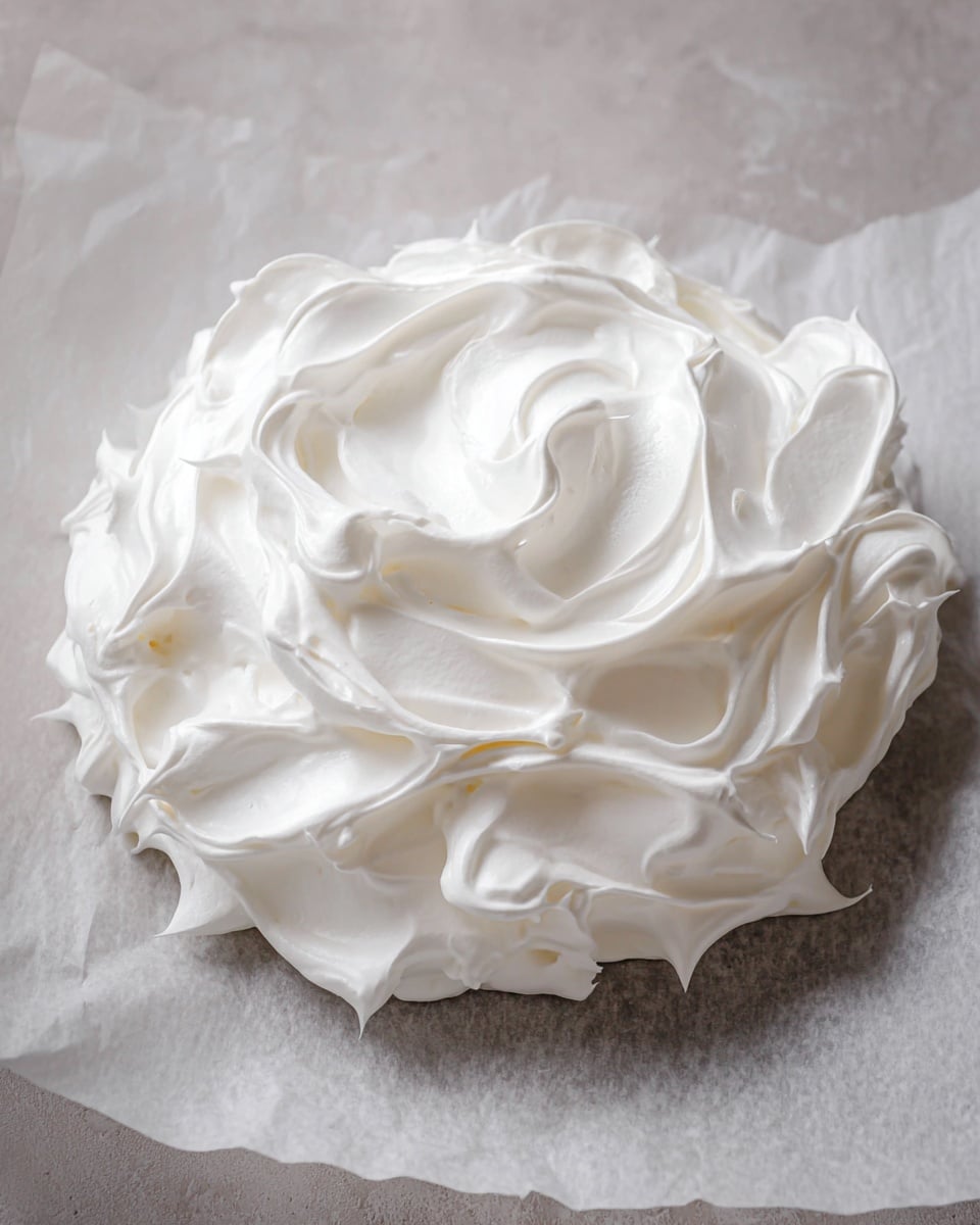 The image shows one round layer of thick white meringue with soft peaks, with swirled and textured glossy surfaces. The meringue is placed on a piece of baking paper on a white marbled surface. The edges are uneven and wavy, giving a fluffy, cloud-like look. The light reflects softly on the meringue, highlighting its smooth and airy texture. photo taken with an iphone --ar 4:5 --v 7