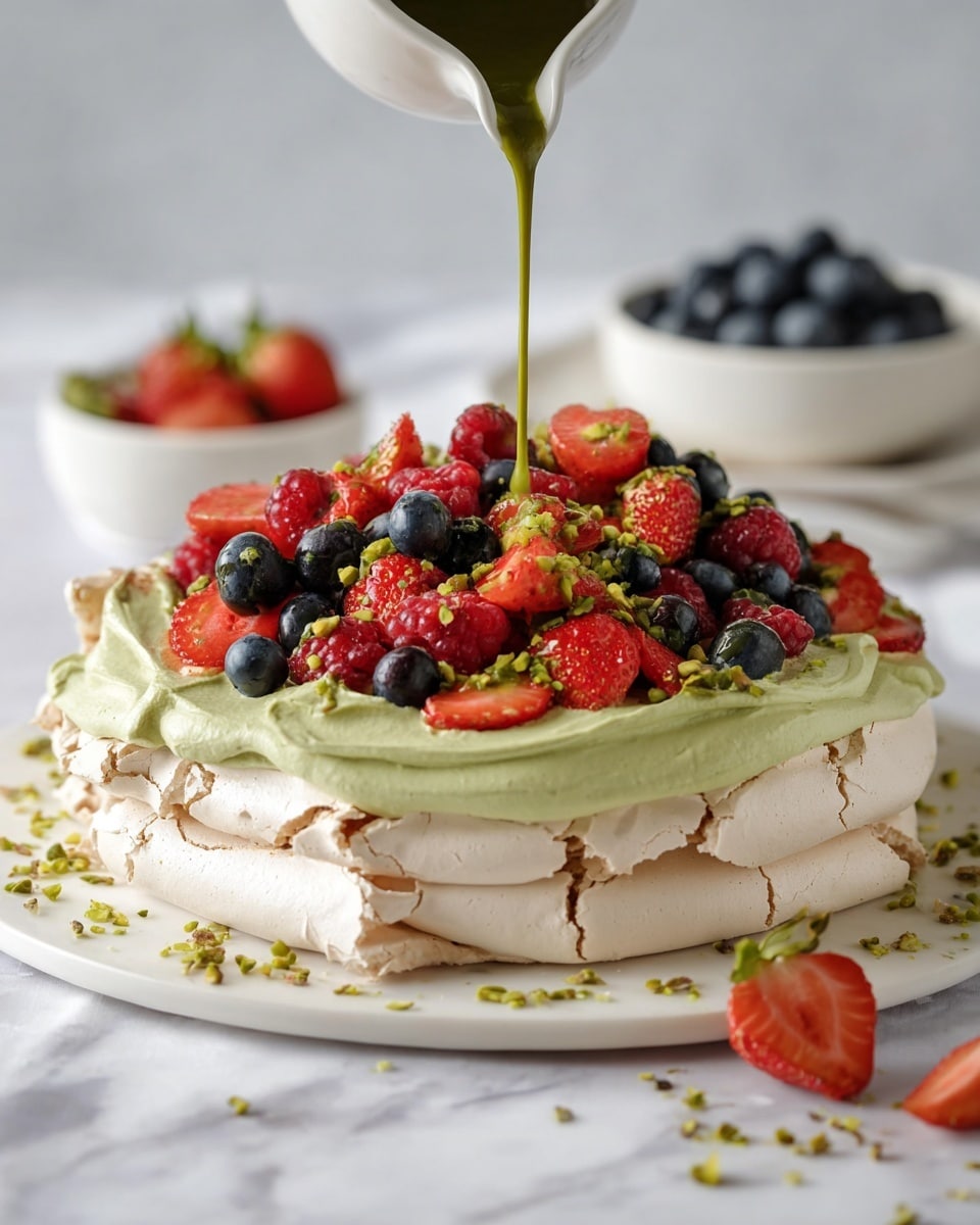 A three-layer dessert sits on a white marbled surface, starting with a cracked pale beige meringue base that has a rough texture and edges curling upwards. The second layer is a thick, creamy, light green spread with a smooth texture, generously covering the meringue. On top of this is a colorful mix of fresh whole and sliced red strawberries, dark blue blueberries, and red raspberries arranged closely together. Bright green crushed pistachios are scattered over the berries. A steady stream of glossy, darker green sauce is being poured over the berries from above, adding a rich finish. In the background, white bowls hold extra blueberries and green sauce, enhancing the setting. Photo taken with an iphone --ar 4:5 --v 7