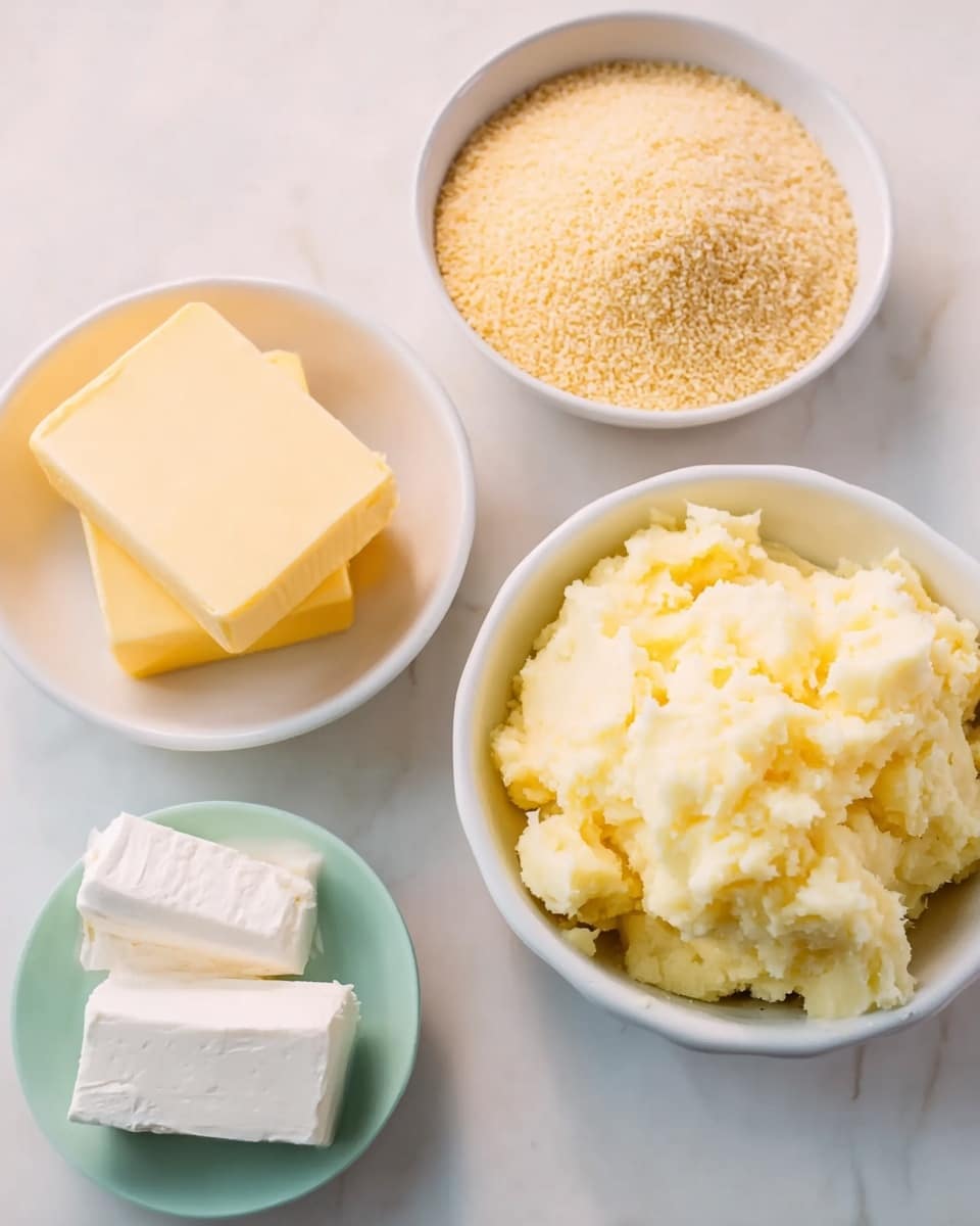The image shows four bowls on a white marbled surface. In the upper left, there is a small white bowl holding a thick, square block of pale yellow butter with a soft texture. To the right of it, a larger white bowl contains fine golden breadcrumbs spread evenly. Below the butter, a small white bowl displays a soft white block of cream cheese with smooth edges. On the lower right, a medium white bowl is filled with pale yellow, mashed cooked potatoes that have a slightly chunky texture. The bowls are arranged in a loose rectangular shape, and natural light softly highlights the pale colors and textures. Photo taken with an iphone --ar 4:5 --v 7