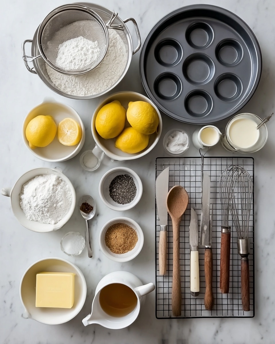 The image shows a neat layout of baking ingredients and tools on a white marbled surface. There are three white bowls filled with bright yellow lemons, one with flour, one with a block of yellow butter, one with powdered sugar, one with poppy seeds, and one with brown sugar. Two small white pitchers hold cream or milk. A small white cup has a light brown liquid, and a white spoon contains white salt. Above the ingredients, there are two metal mixing bowls stacked with a fine metal sieve on top. A dark gray round baking pan with multiple round molds is placed at the top center. On the right side, there is a grid cooling rack and several wooden and metal kitchen tools including a wooden spoon, a small whisk, a small wooden spatula, and a metal whisk. The setup is clean and organized with a soft natural light. Photo taken with an iphone --ar 4:5 --v 7