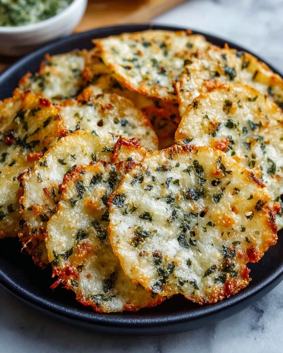 A white plate shows a pile of round, thin crisps made of melted cheese mixed with chopped green herbs. Each crisp is golden around the edges with small brown spots and visible green bits spread unevenly over the slightly bubbly, creamy-colored cheeses. The crisps overlap each other and appear crunchy, with a textured surface combining the warmth of melted cheese and fresh greens. In the background, a white bowl with a white creamy dip is slightly blurred. The setting has a white marbled texture under the plate. photo taken with an iphone --ar 4:5 --v 7