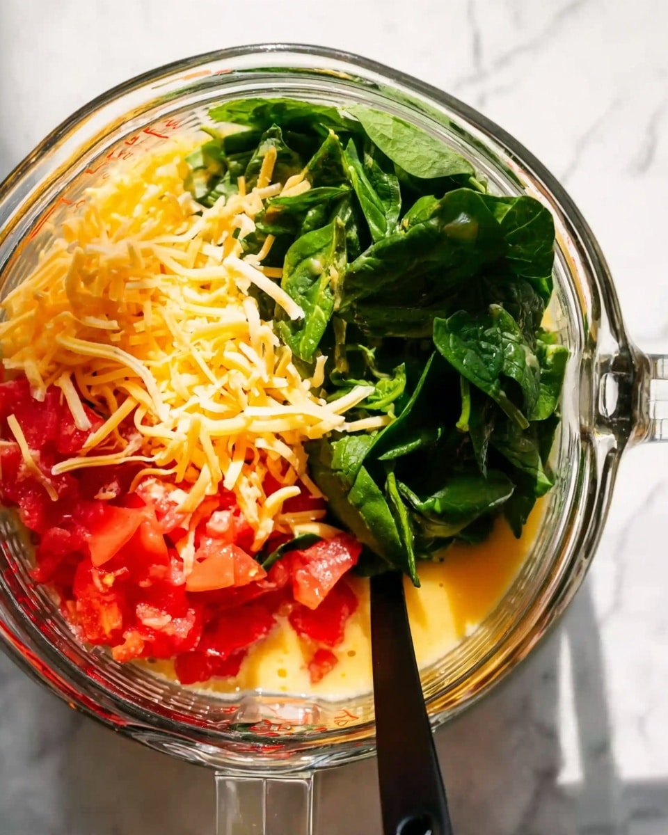 A clear glass measuring cup filled with four visible layers: bright red chopped tomatoes sitting in a light yellow liquid at the bottom right, fresh dark green spinach leaves covering the left half, a heap of yellow shredded cheese mixed with white strands placed on top of the spinach near the front, and a black spoon resting inside the cup on the right side. The measuring cup is placed on a white marbled surface with soft natural light shining on it. Photo taken with an iphone --ar 4:5 --v 7