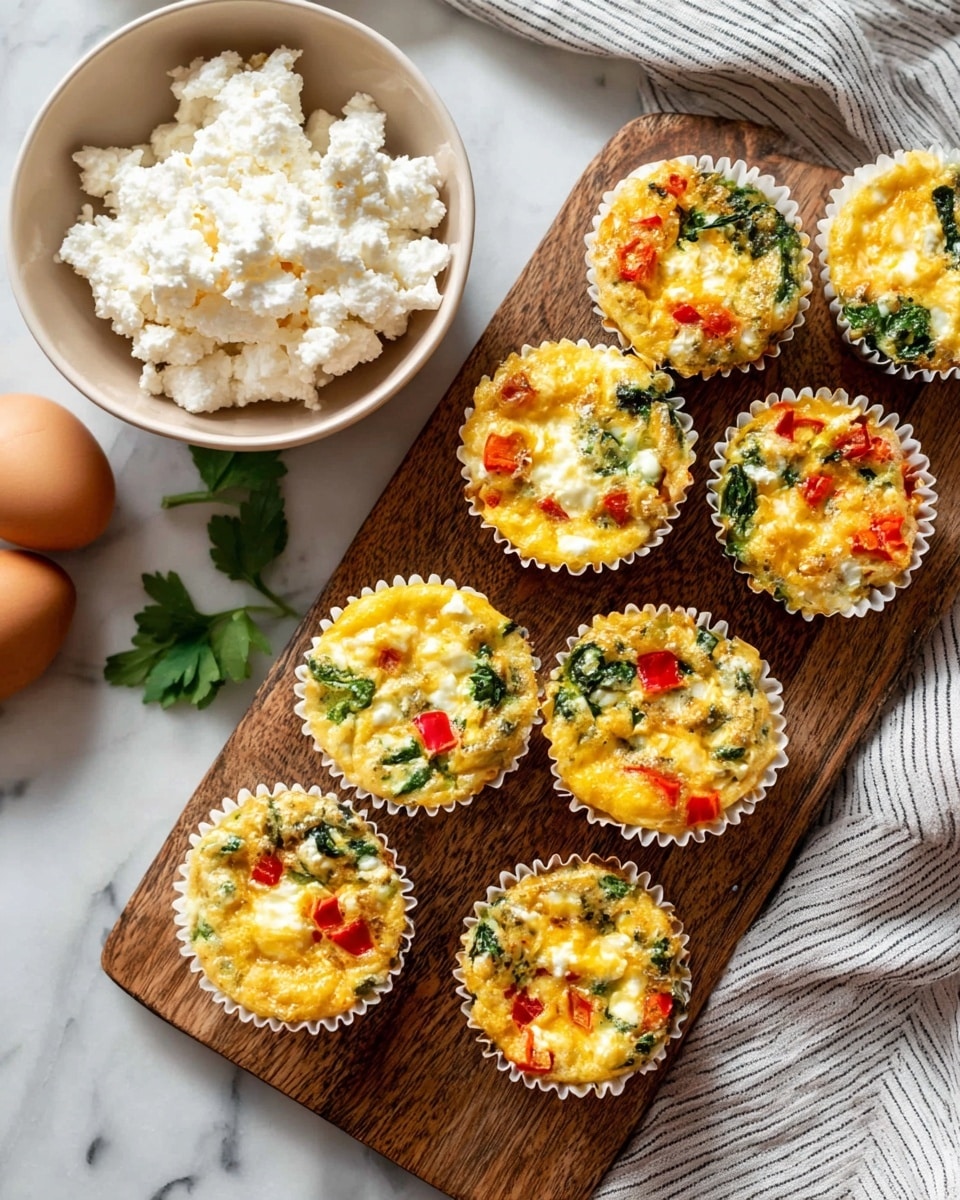 A wooden board holds eight mini egg muffins, each in a white paper liner, filled with layers of yellow egg, green spinach, red bell peppers, and melted cheese visible on top, showing a slightly browned, textured surface. To the left, a white bowl with a beige rim is filled with chunky white cottage cheese, placed on a white marbled surface. Raw brown eggs and green herb leaves are scattered around the board with a striped cloth partially visible. photo taken with an iphone --ar 4:5 --v 7