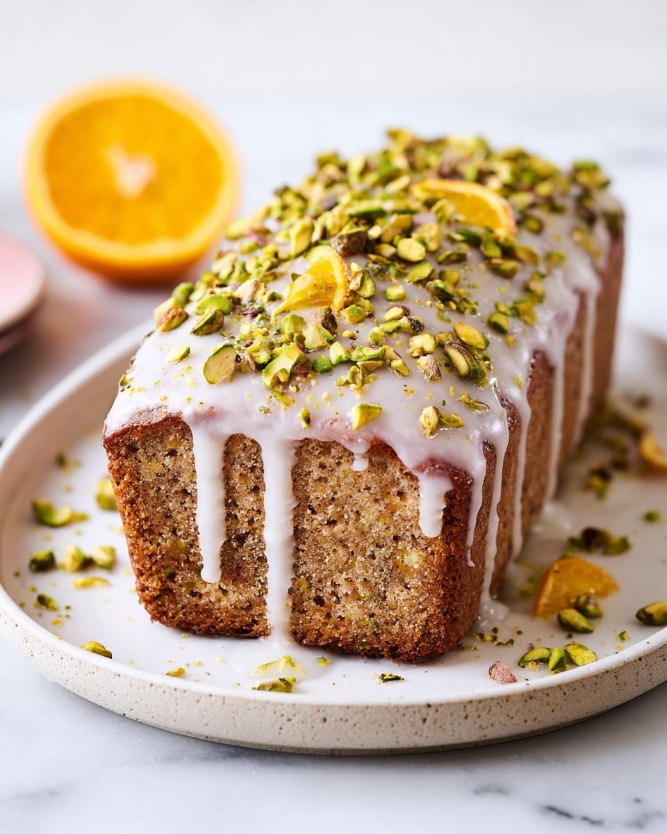 A rectangular brown cake with a rough texture sits in the center of a white plate. The cake has a thick white glaze dripping down the sides, evenly covering the top and edges. On top, there is a generous layer of chopped green pistachios scattered all over, adding color and texture contrast. The plate is on a white marbled surface, and partially visible beside the plate is a halved orange, showing its bright yellow inside. Photo taken with an iphone --ar 4:5 --v 7