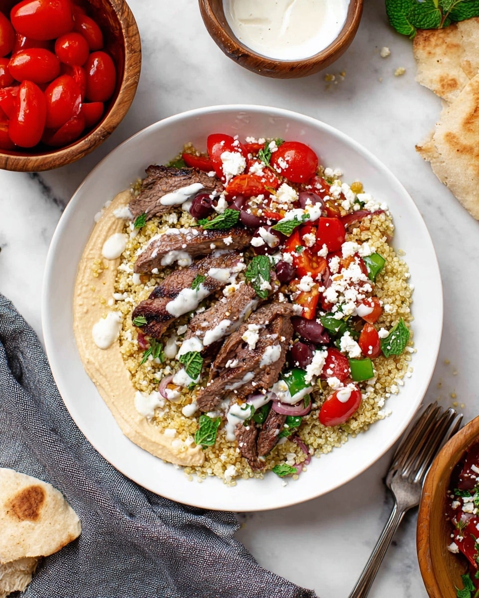 A white round plate on a white marbled surface holds a layered dish with quinoa spread over half the plate as a light tan grain base, grilled beef slices laid neatly over the quinoa showing pink and charred brown edges, and a creamy beige layer of hummus covering the other half of the plate. Fresh bright red cherry tomato halves are placed on top of the hummus, scattered with black olives and diced green bell peppers. Crumbled white feta cheese and chopped fresh green mint leaves are sprinkled over the whole dish, with a light drizzle of white creamy sauce evenly spread on top. A wooden bowl with more cherry tomatoes and another wooden bowl with extra white sauce are nearby, along with a piece of pita bread and a fork on a gray cloth napkin. Photo taken with an iphone --ar 4:5 --v 7