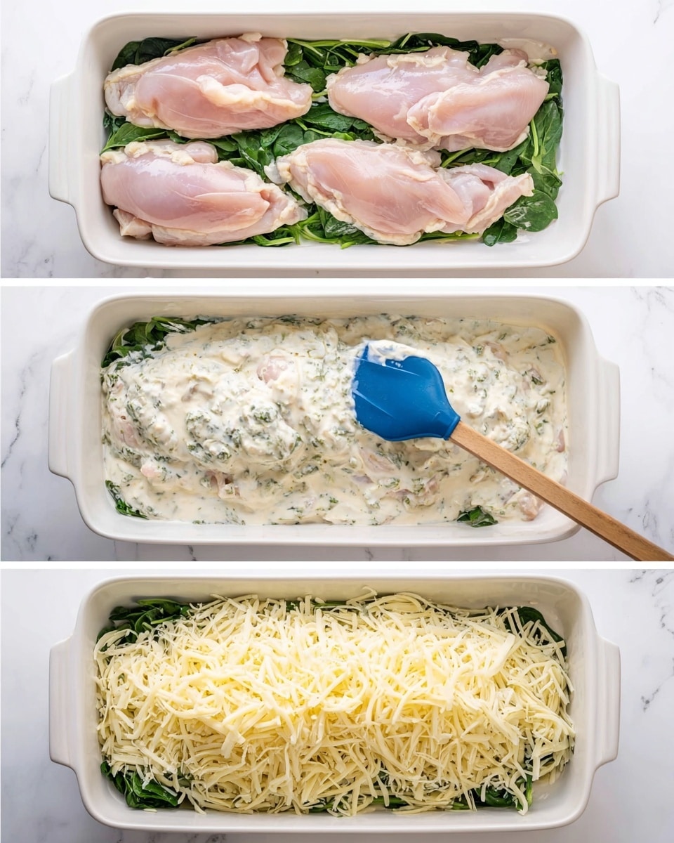 The image shows a white rectangular baking dish on a white marbled surface in three steps. In the first, there is a layer of fresh green spinach leaves at the bottom, topped with four raw pink chicken pieces spread evenly in one layer. In the second step, a creamy white sauce with visible herbs is spread over the chicken pieces using a blue and wooden spatula, covering most of the pink chicken and green spinach beneath. The third step shows the same dish fully covered with a thick layer of finely shredded light yellow cheese, hiding the layers below completely. Photo taken with an iphone --ar 4:5 --v 7