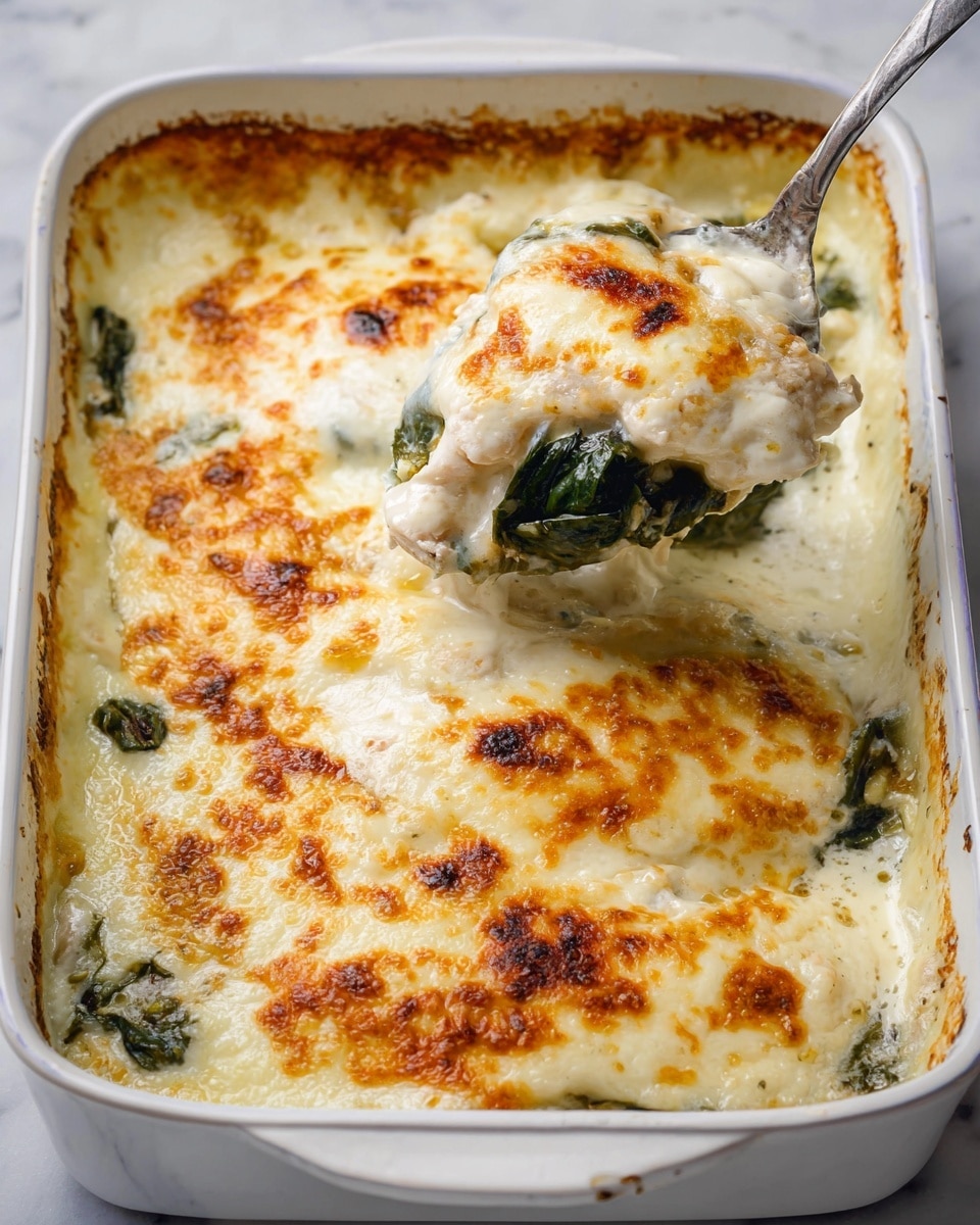 A white baking dish holds a creamy three-layered baked dish. The bottom layer is a bed of dark green leafy vegetables, slightly wilted. Above this are thick pieces of light-colored meat covered unevenly with a rich, melted cheese layer that is golden brown and bubbly on top. The cheese has smooth, creamy textures mixed with some browned spots and pockets of melted oil, covering most of the surface. A spoon is scooping out part of the dish, revealing the layers underneath. The dish sits on a white marbled surface. Photo taken with an iphone --ar 4:5 --v 7