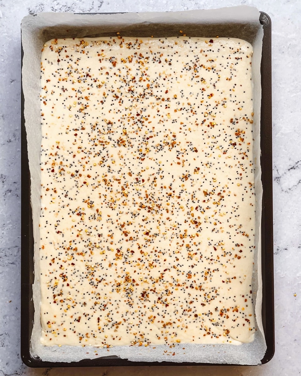 A rectangular sheet of light cream-colored batter spread evenly on a baking tray lined with parchment paper, sprinkled generously with small dark poppy seeds and tiny reddish-orange spice flakes scattered all over the surface, creating a speckled look. The tray is set on a white marbled texture background. Photo taken with an iphone --ar 4:5 --v 7