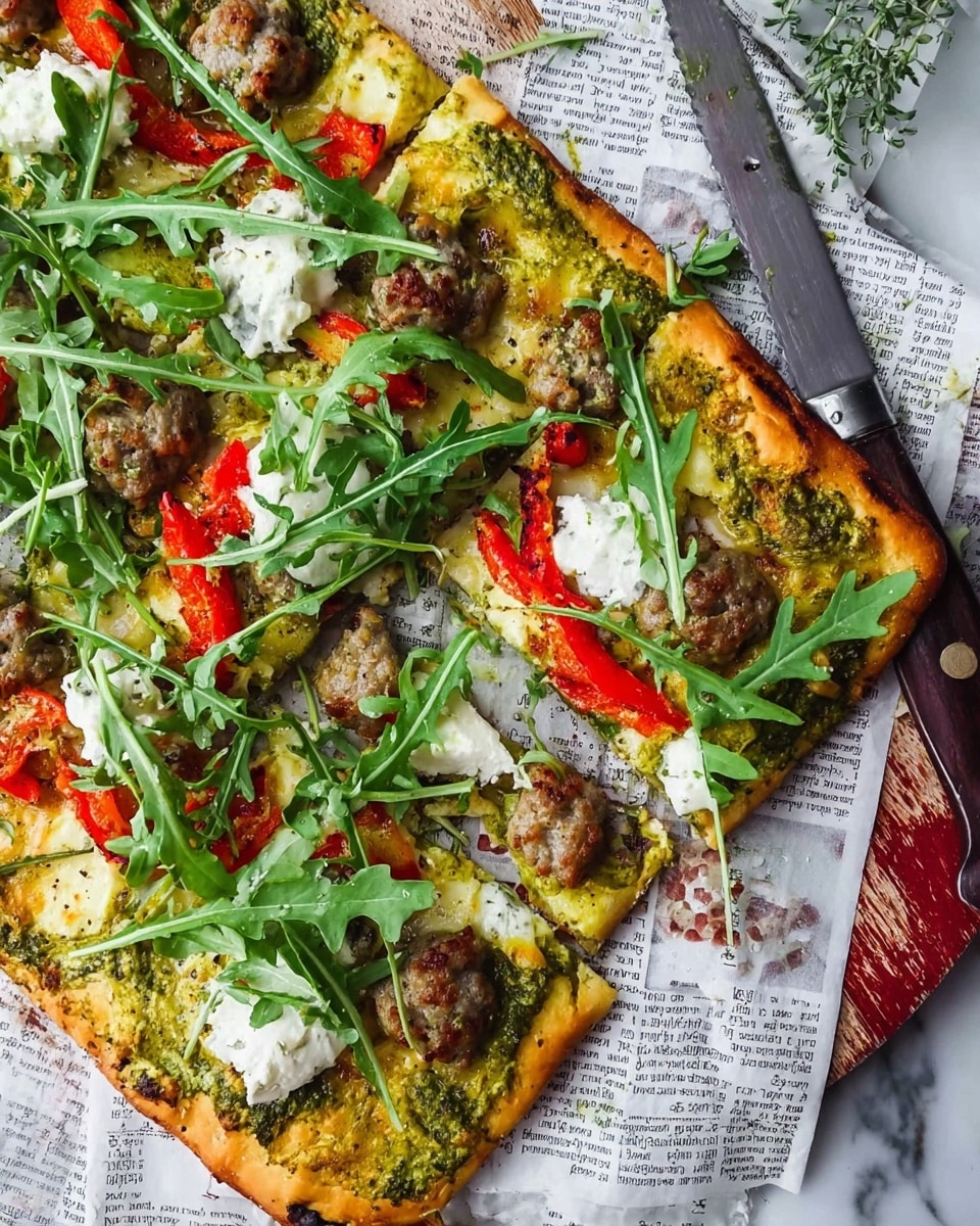 The image shows a rectangular pizza with a golden-brown, slightly crispy crust on the edges. The pizza is topped with three main layers: a green pesto sauce spread unevenly beneath, a melted yellow cheese layer covering the surface, and scattered slices of cooked sausage pieces that are greyish-brown with a crumbly texture. On top of these, there are bright red roasted pepper strips and dollops of soft white cheese, along with fresh arugula leaves spread thickly, giving a vibrant green color and leafy texture. The pizza is partially sliced, resting on a white marbled surface, with a silver knife with a dark wooden handle beside it. The background includes a piece of newspaper under the pizza board. photo taken with an iphone --ar 4:5 --v 7