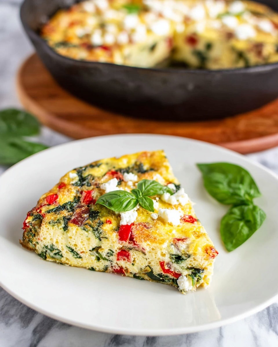 A thick slice of frittata is placed on a white plate, showing layers of light yellow eggs mixed with dark green spinach and small red bell pepper pieces. On top of the slice, there are crumbled white cheese pieces and a small fresh green basil leaf. In the background, the remaining frittata sits in a black pan, with visible red pepper bits, white cheese, and green spinach mixed in the rich yellow egg base. The setup is on a white marbled surface, with a few green basil leaves scattered nearby. photo taken with an iphone --ar 4:5 --v 7