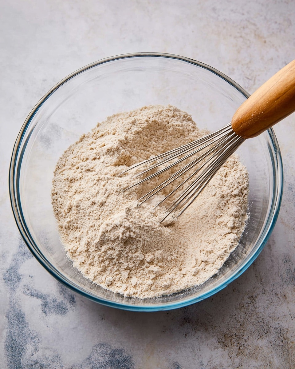 A clear glass mixing bowl sits on a white marbled surface, filled with a single layer of light brown flour mixed with some small clumps, along with a small pile of granulated yeast on top. Inside the bowl, a metal whisk with a wooden handle rests diagonally from the right side, partially buried in the flour mixture. The background also shows the white marbled texture, giving a clean and bright look. photo taken with an iphone --ar 4:5 --v 7