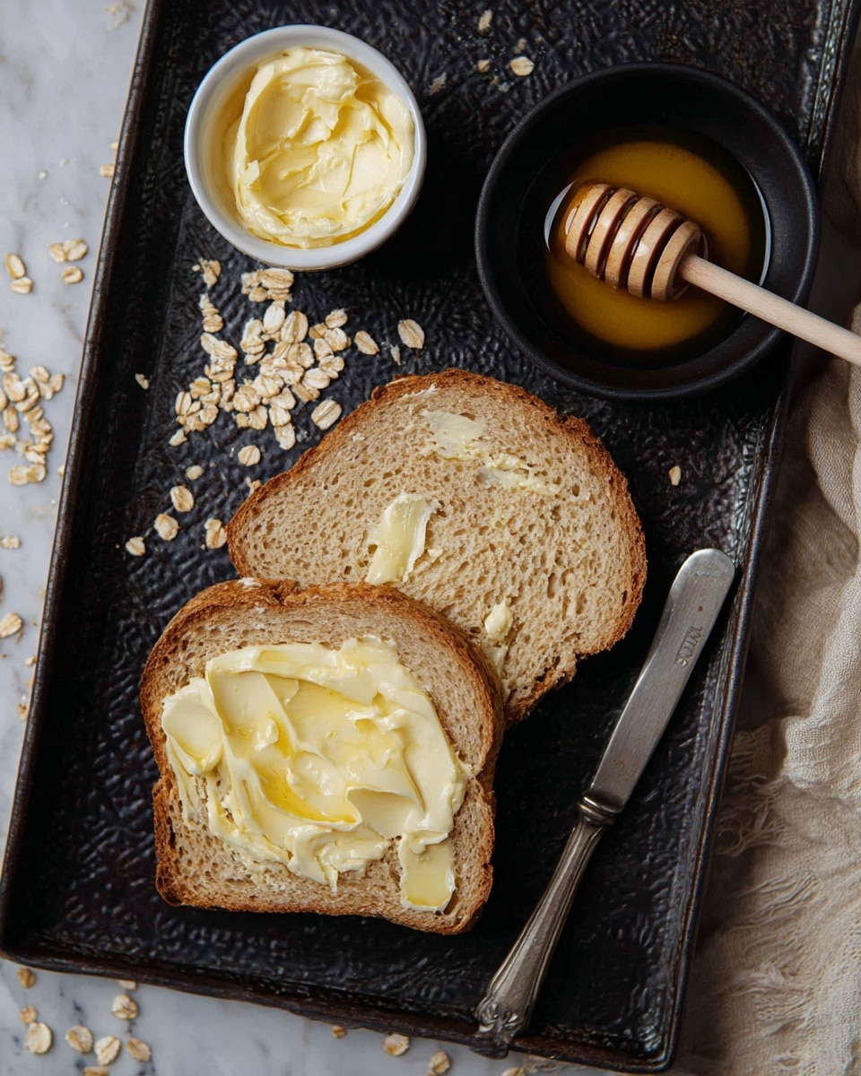 Two slices of light brown bread with a soft crumb show uneven layers of pale yellow butter spread thickly on top. These sit on a dark textured tray with small oats scattered around. On the upper left, there is a small white bowl filled with creamy pale yellow butter. To the right is a small black pan holding golden honey, with a wooden honey dipper resting inside. A vintage silver knife lies between the bread and the pan. The entire setup is on a white marbled textured surface. photo taken with an iphone --ar 4:5 --v 7