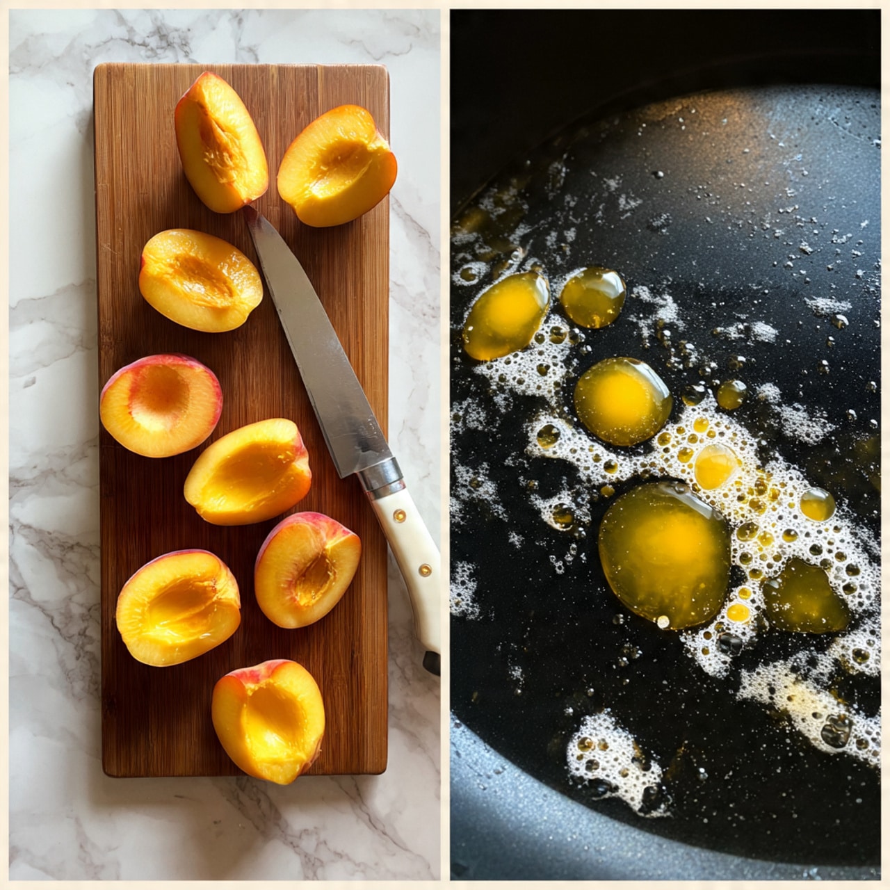 The image shows two scenes side by side. On the left side, there is a wooden board with seven peach halves arranged, showing their bright orange-yellow flesh with some juice spilled around. A knife with a silver blade and white handle lies among the peaches. On the right side, a close-up shows a black pan with several small melted yellow butter spots melting and spreading in circular patterns on the pan's dark surface. The background under both scenes is a white marbled texture. photo taken with an iphone --ar 4:5 --v 7