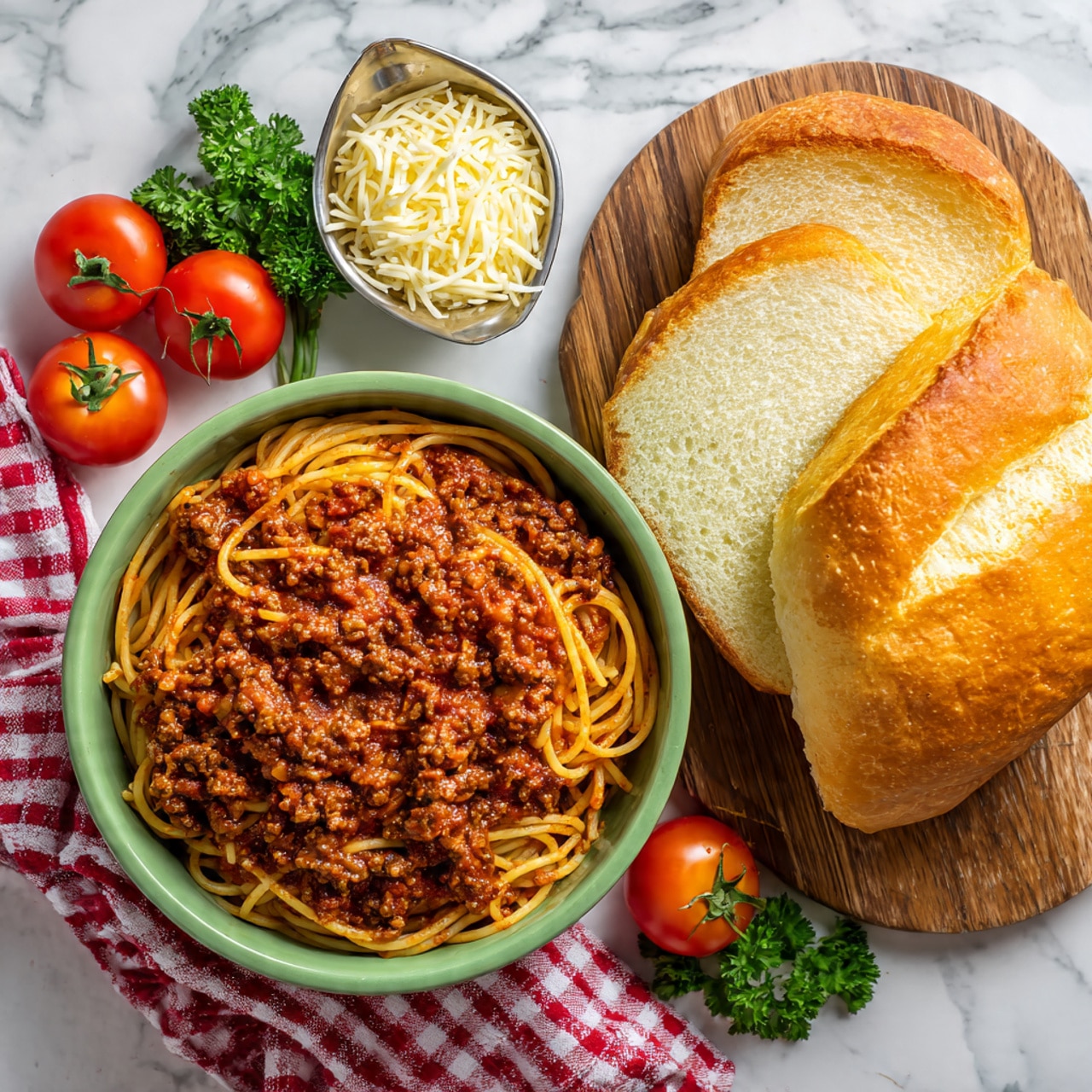 A bowl of spaghetti with thick red meat sauce sits on a white marbled surface over a red and white checkered cloth, with the spaghetti noodles and meat mixed evenly in the green bowl. To the right, there is a sliced white sandwich loaf on a wooden board, with one half toasted showing a golden crispy texture inside, and the other half soft and plain. Fresh parsley stems and whole red tomatoes are placed around the bread for decoration. Above the spaghetti bowl, a small metal cup is filled with shredded pale yellow cheese, ready to sprinkle. photo taken with an iphone --ar 4:5 --v 7