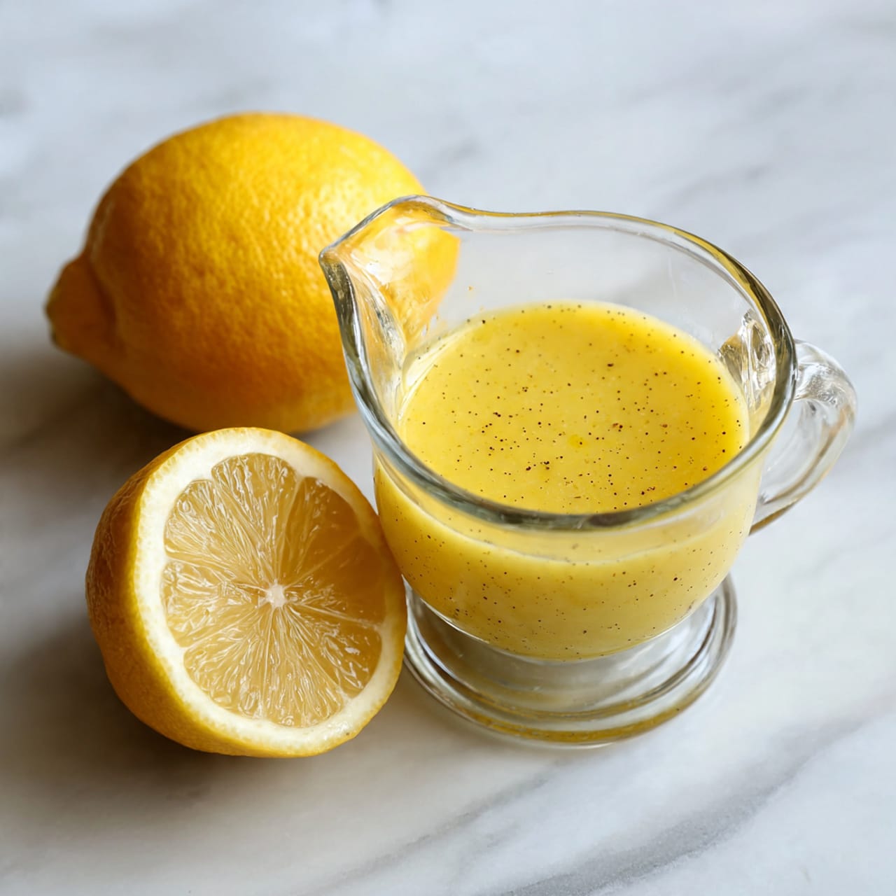 A clear glass container with a round base and a small handle holds a yellow liquid that looks like a dressing or sauce, speckled with tiny black dots throughout. Next to the container, there is a whole yellow lemon and a lemon half showing its juicy interior. The objects rest on a white marbled surface. photo taken with an iphone --ar 4:5 --v 7