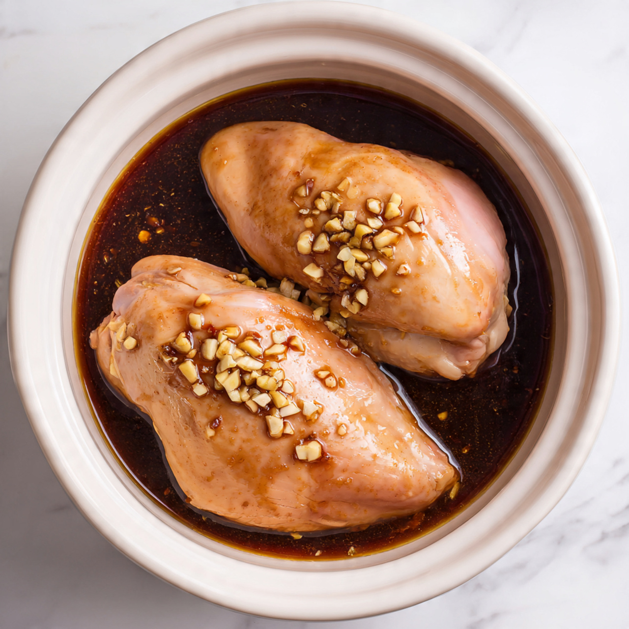 Inside a white ceramic pot, two large, pale pink raw chicken pieces rest, covered in a shiny dark brown sauce with visible small chopped garlic pieces scattered on top. The chicken is fully soaked at the bottom in the thick dark sauce, creating a glossy contrast between the smooth chicken surface and the textured garlic bits. The pot sits on a white marbled surface that adds a clean, bright background to the rich, warm colors of the chicken and sauce photo taken with an iphone --ar 4:5 --v 7
